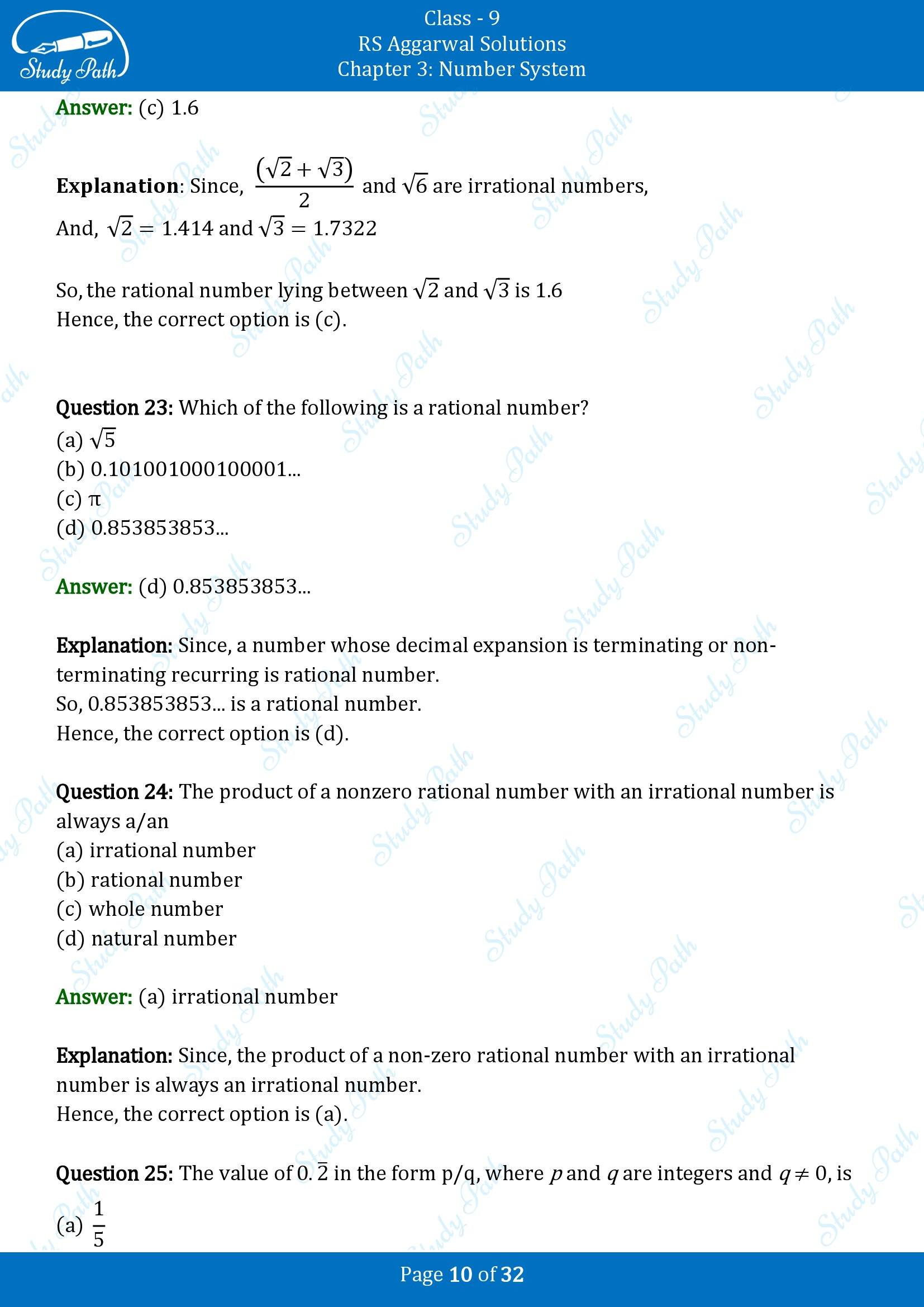 RS Aggarwal Solutions Class 9 Chapter 3 Number Systems Multiple Choice Question MCQs 00010