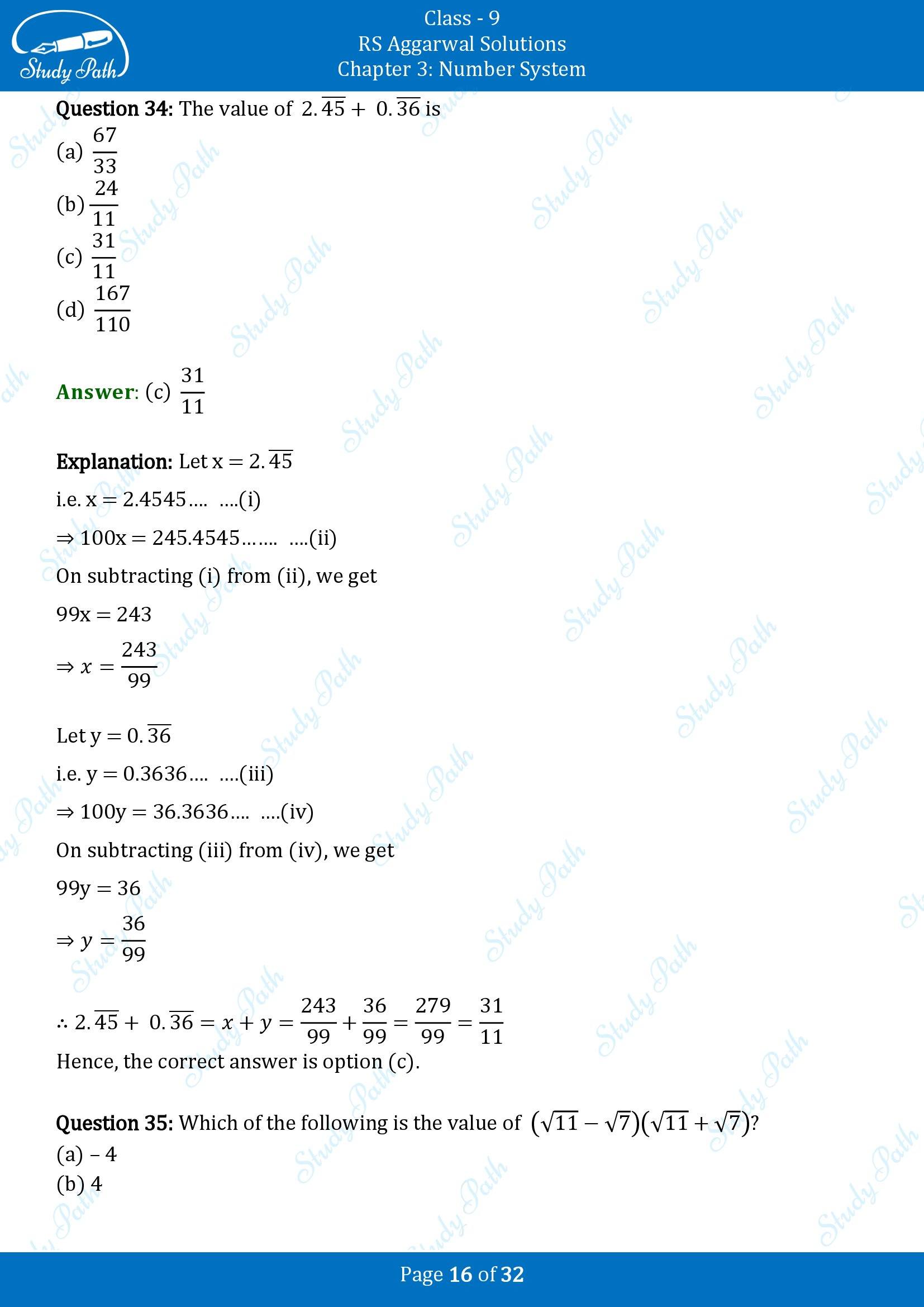 RS Aggarwal Solutions Class 9 Chapter 3 Number Systems Multiple Choice Question MCQs 00016