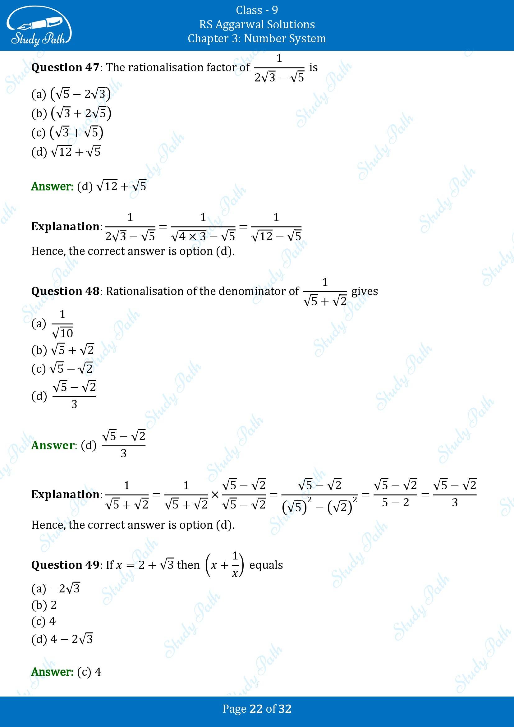 RS Aggarwal Solutions Class 9 Chapter 3 Number Systems Multiple Choice Question MCQs 00022