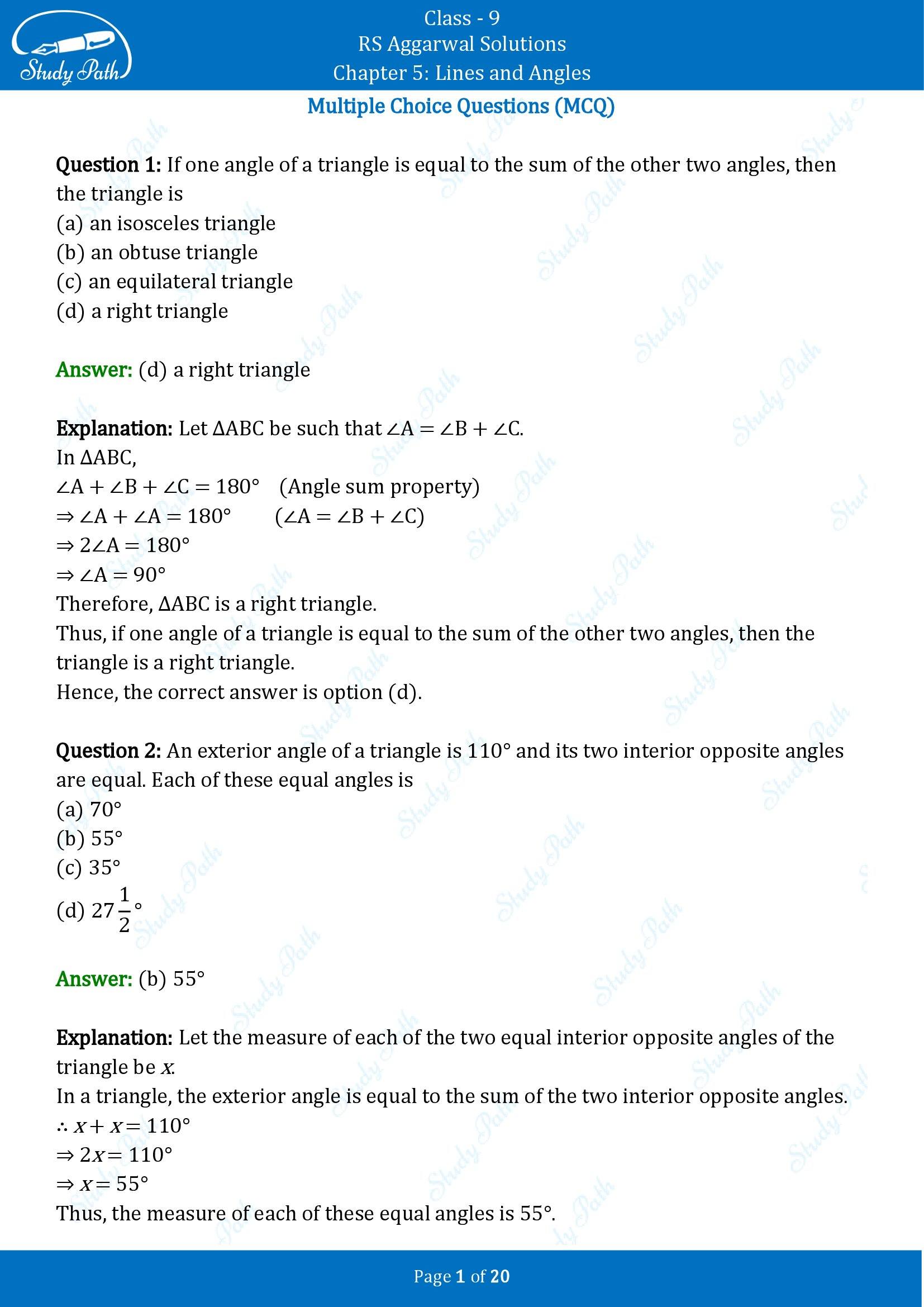 RS Aggarwal Solutions Class 9 Chapter 5 Lines and Angles Multiple Choice Questions MCQs 00001