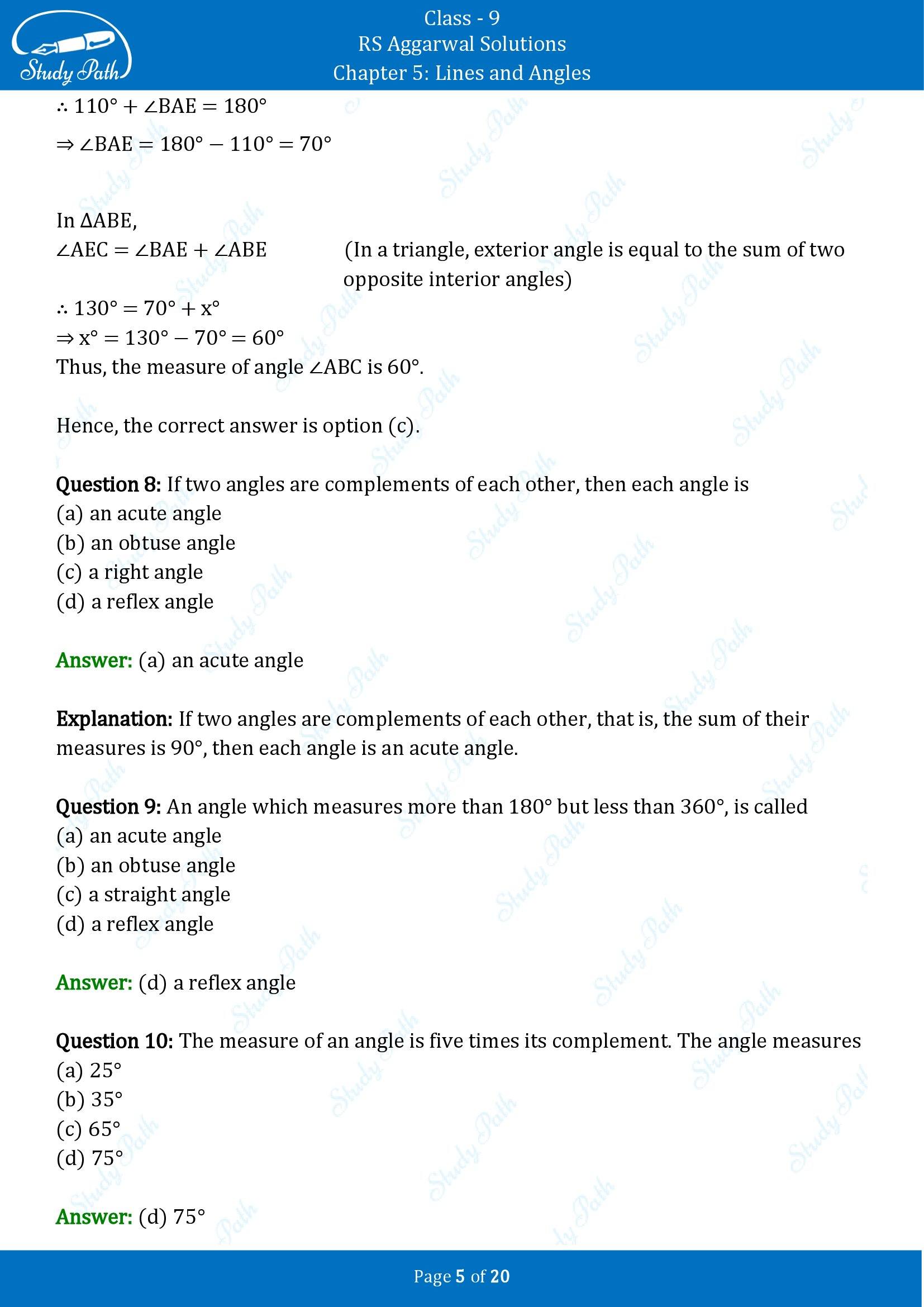 RS Aggarwal Solutions Class 9 Chapter 5 Lines and Angles Multiple Choice Questions MCQs 00005