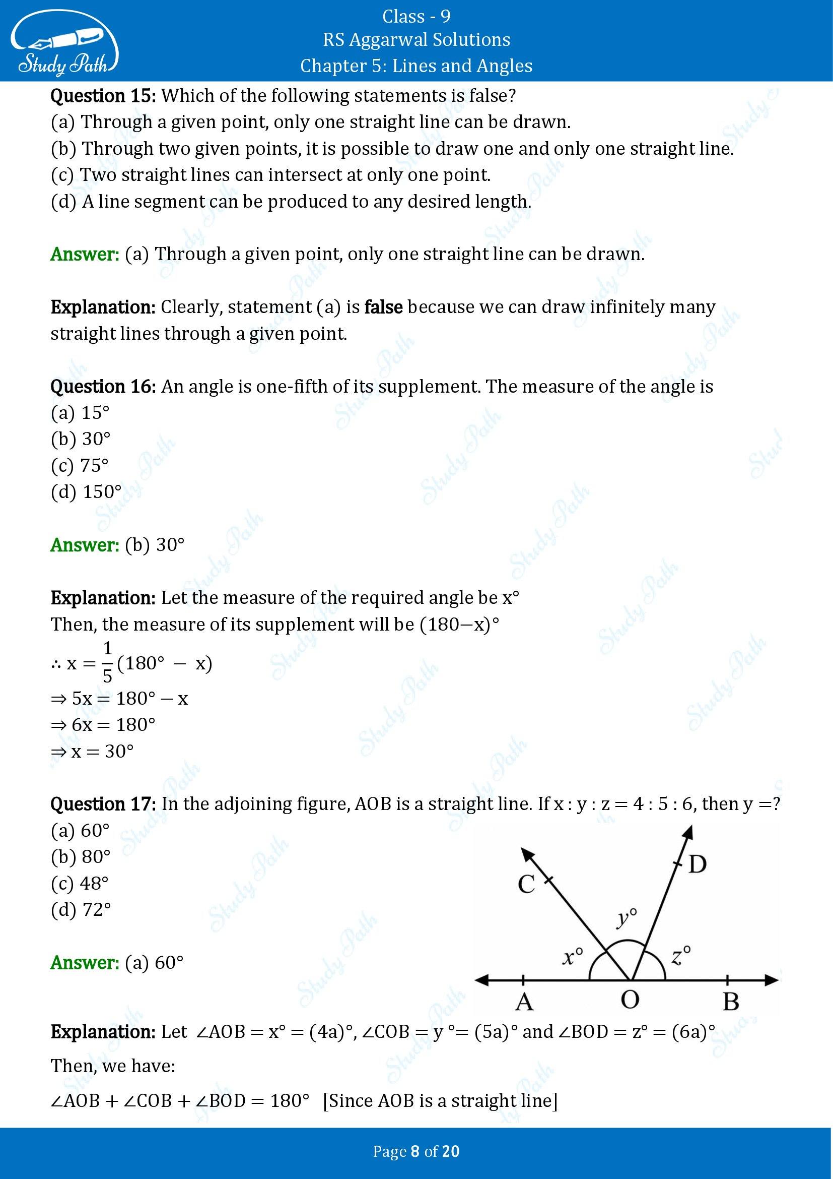 RS Aggarwal Solutions Class 9 Chapter 5 Lines and Angles Multiple Choice Questions MCQs 00008