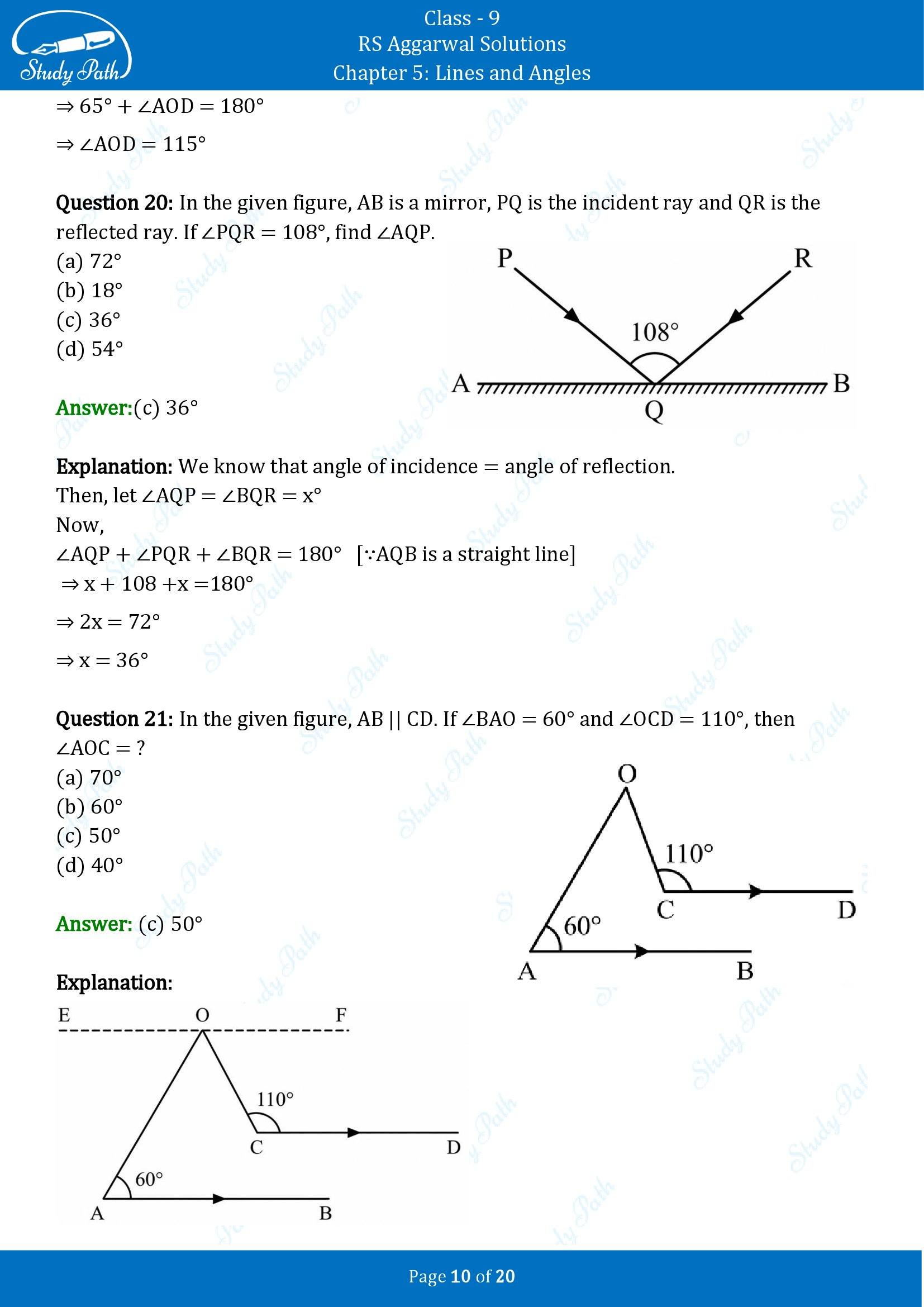 RS Aggarwal Solutions Class 9 Chapter 5 Lines and Angles Multiple Choice Questions MCQs 00010