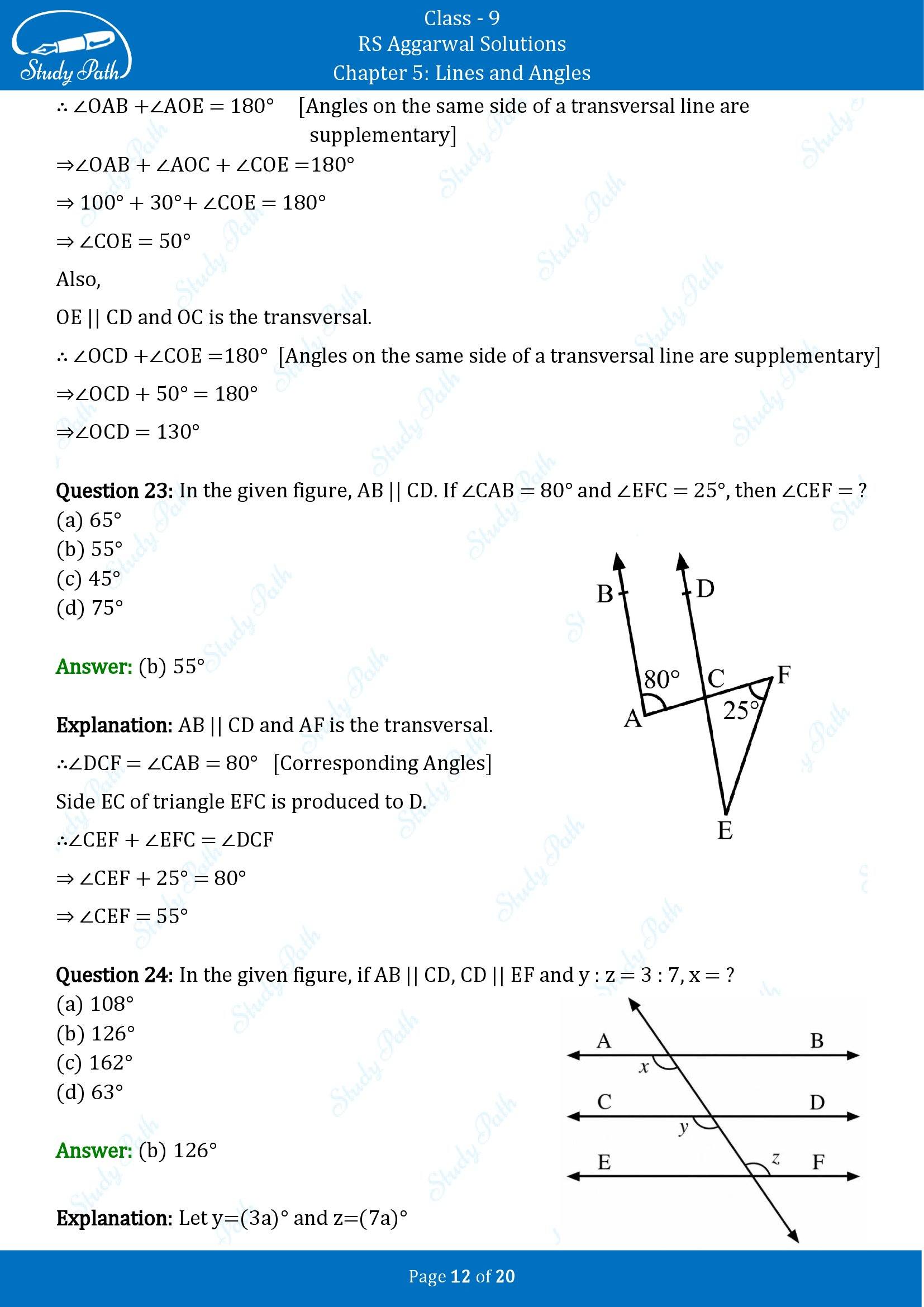 RS Aggarwal Solutions Class 9 Chapter 5 Lines and Angles Multiple Choice Questions MCQs 00012