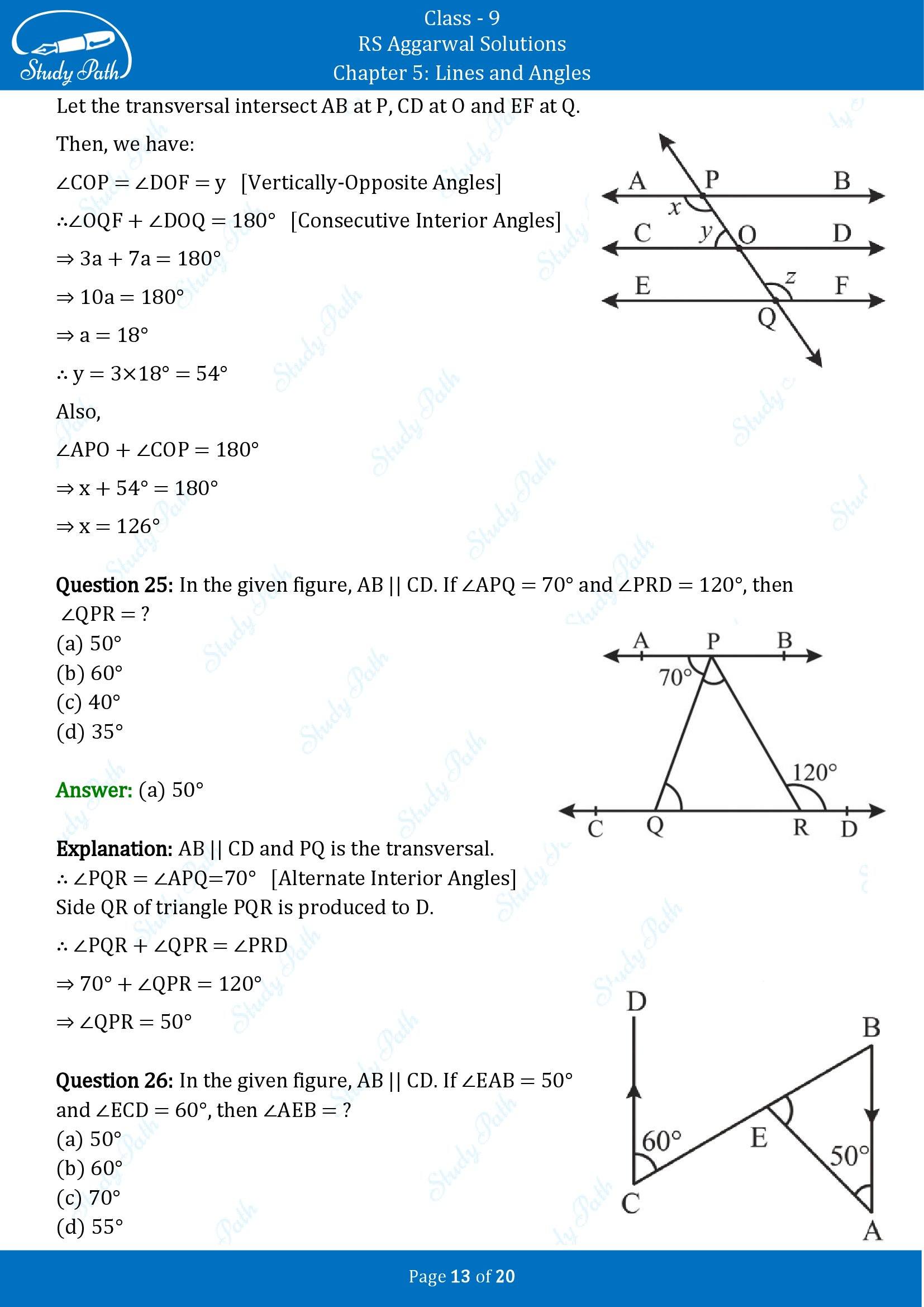 RS Aggarwal Solutions Class 9 Chapter 5 Lines and Angles Multiple Choice Questions MCQs 00013
