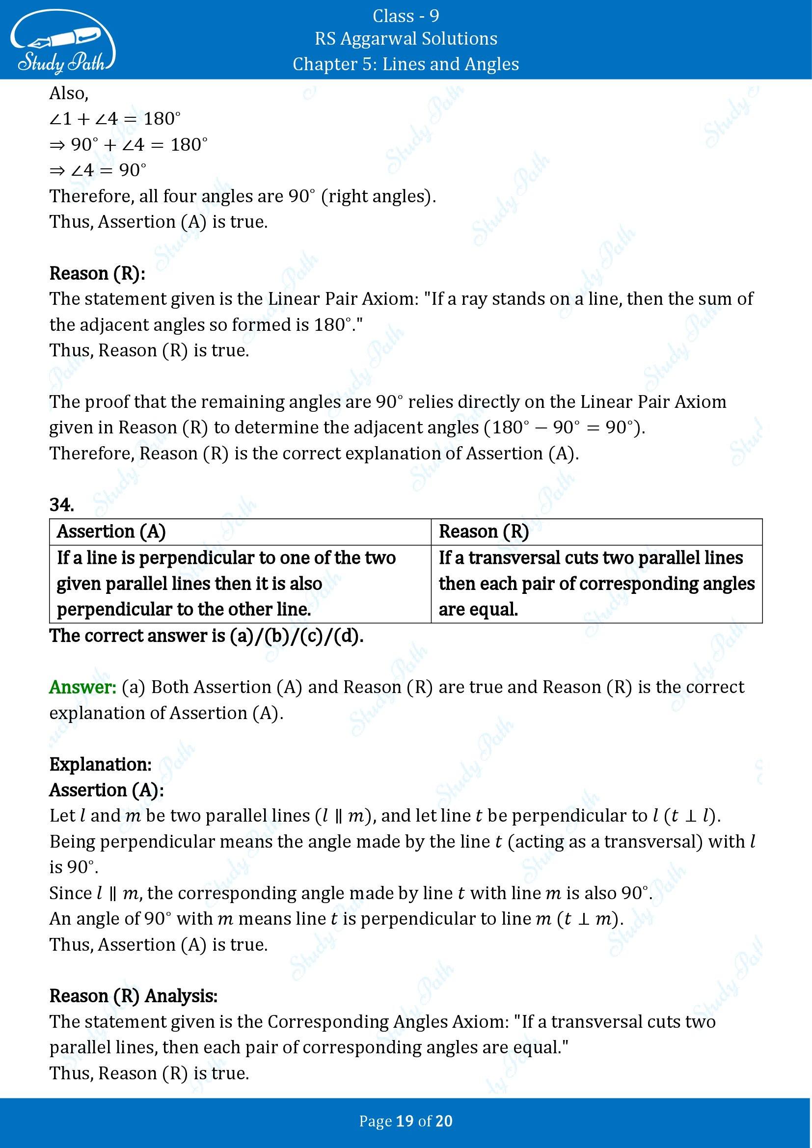 RS Aggarwal Solutions Class 9 Chapter 5 Lines and Angles Multiple Choice Questions MCQs 00019