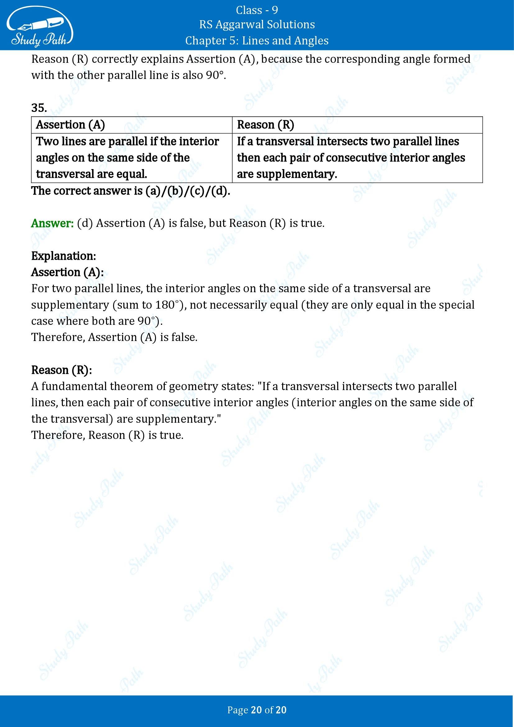 RS Aggarwal Solutions Class 9 Chapter 5 Lines and Angles Multiple Choice Questions MCQs 00020