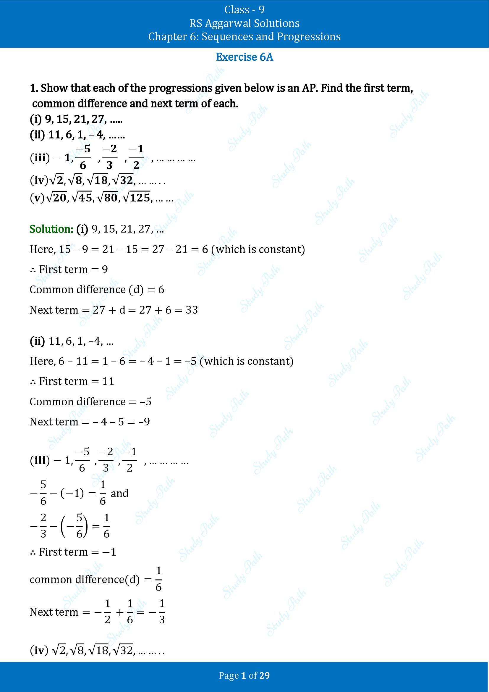 RS Aggarwal Solutions Class 9 Chapter 6 Sequences and Progressions Exercise 6A 00001