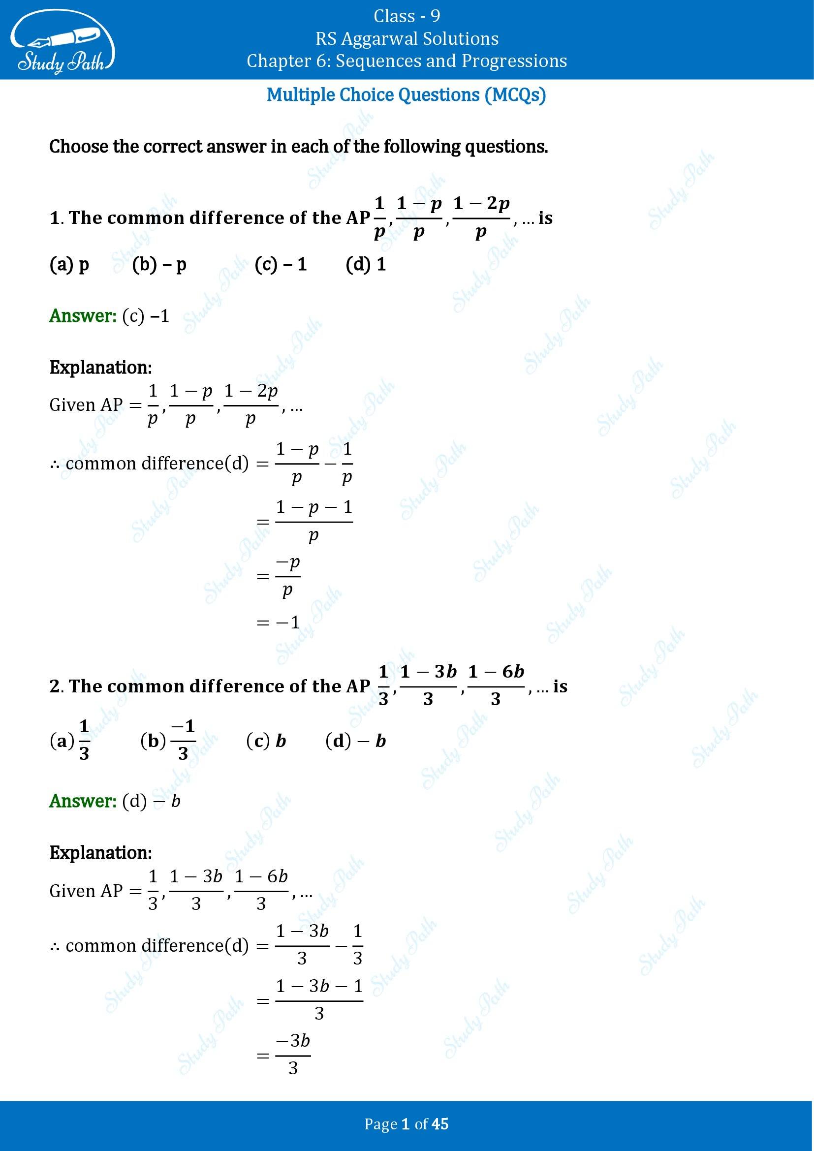 RS Aggarwal Solutions Class 9 Chapter 6 Sequences and Progressions Multiple Choice Questions MCQs 00001