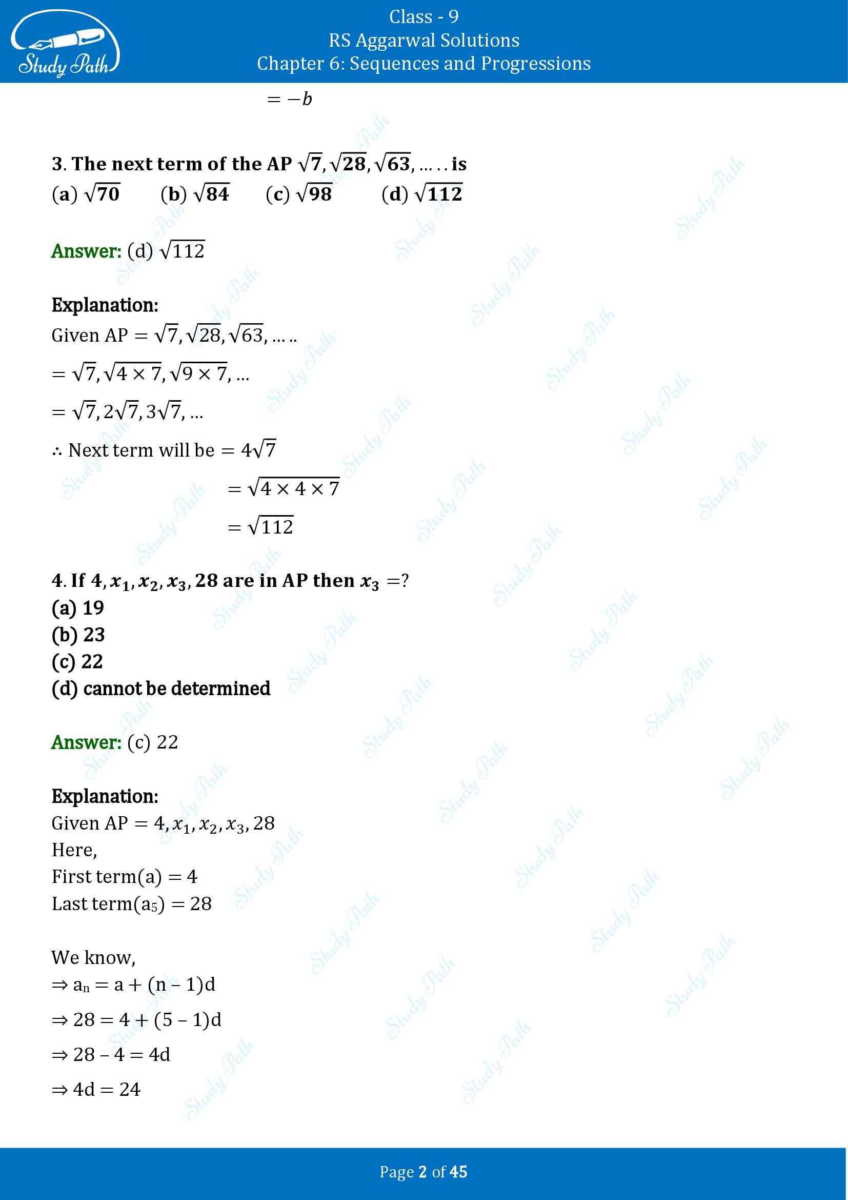 RS Aggarwal Solutions Class 9 Chapter 6 Sequences and Progressions Multiple Choice Questions MCQs 00002