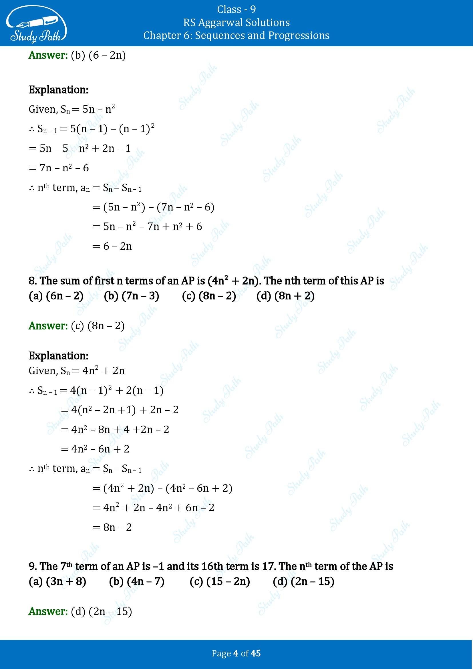 RS Aggarwal Solutions Class 9 Chapter 6 Sequences and Progressions Multiple Choice Questions MCQs 00004