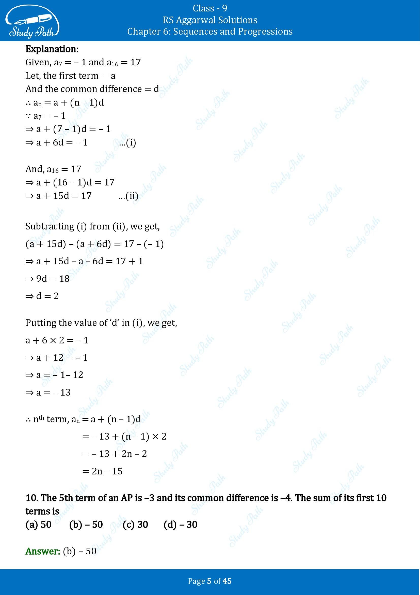 RS Aggarwal Solutions Class 9 Chapter 6 Sequences and Progressions Multiple Choice Questions MCQs 00005