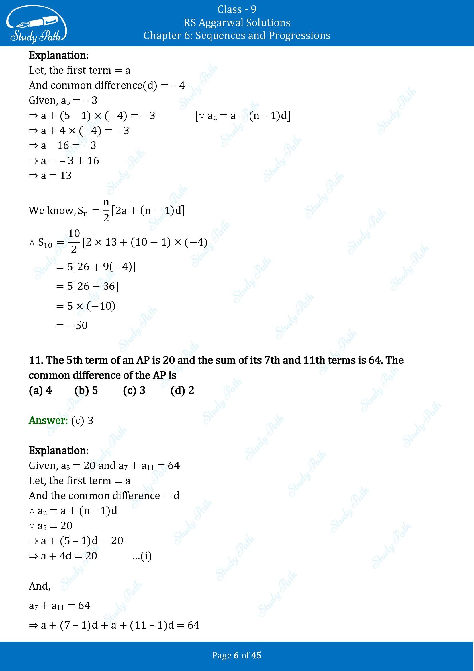RS Aggarwal Solutions Class 9 Chapter 6 Sequences and Progressions Multiple Choice Questions MCQs 00006