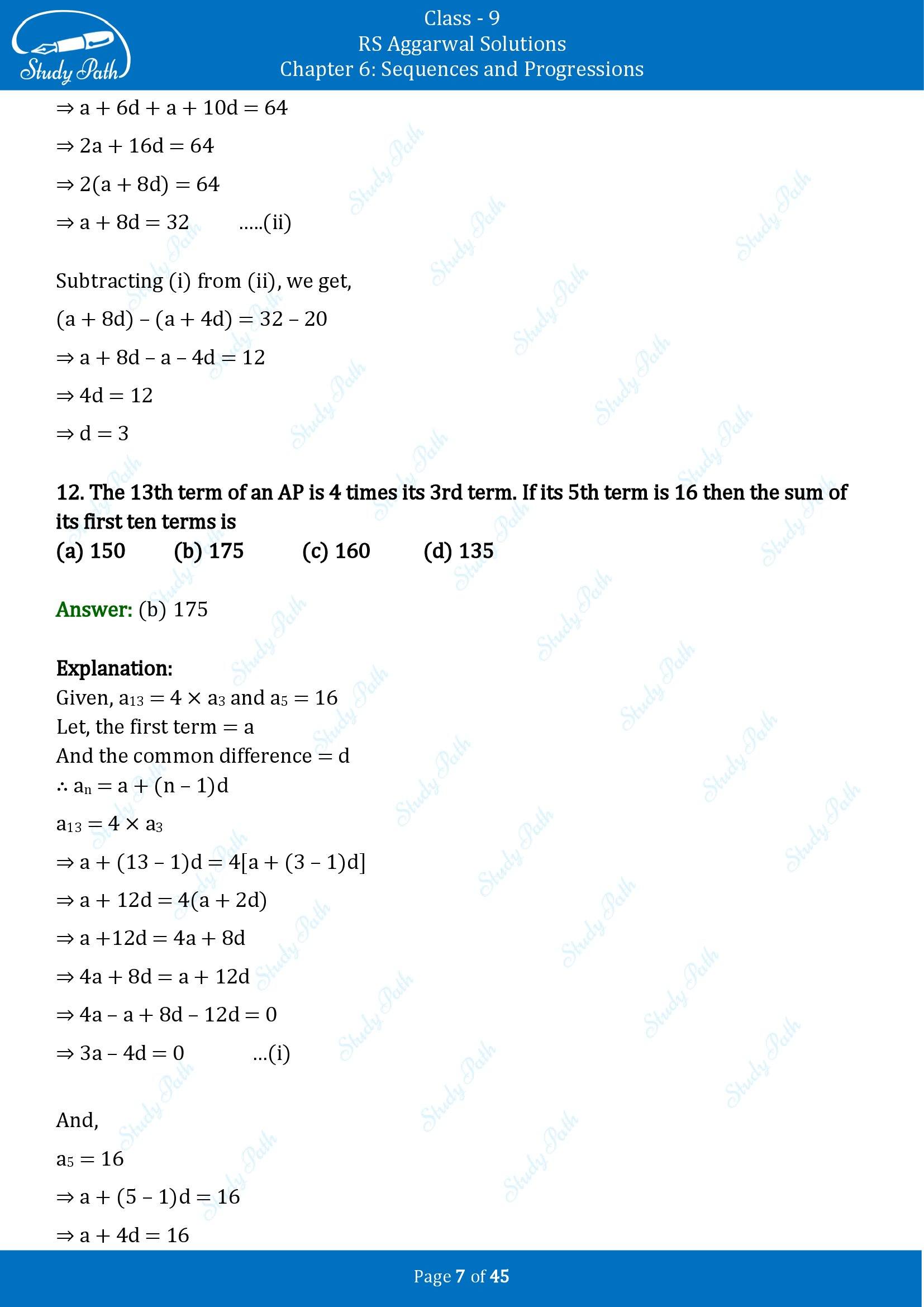 RS Aggarwal Solutions Class 9 Chapter 6 Sequences and Progressions Multiple Choice Questions MCQs 00007
