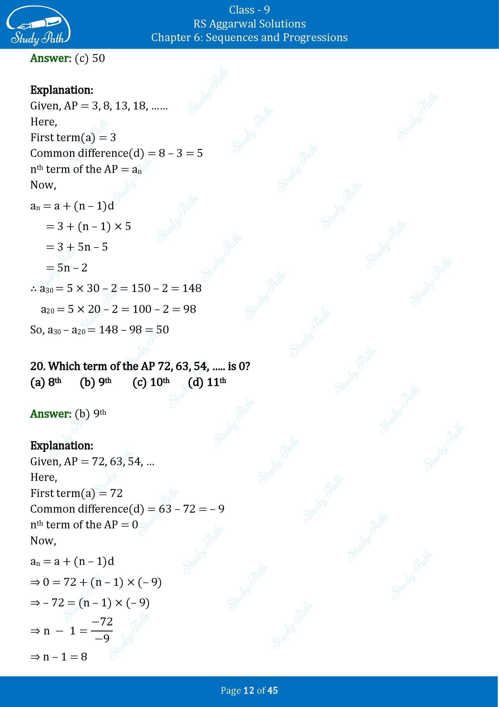 RS Aggarwal Solutions Class 9 Chapter 6 Sequences and Progressions Multiple Choice Questions MCQs 00012