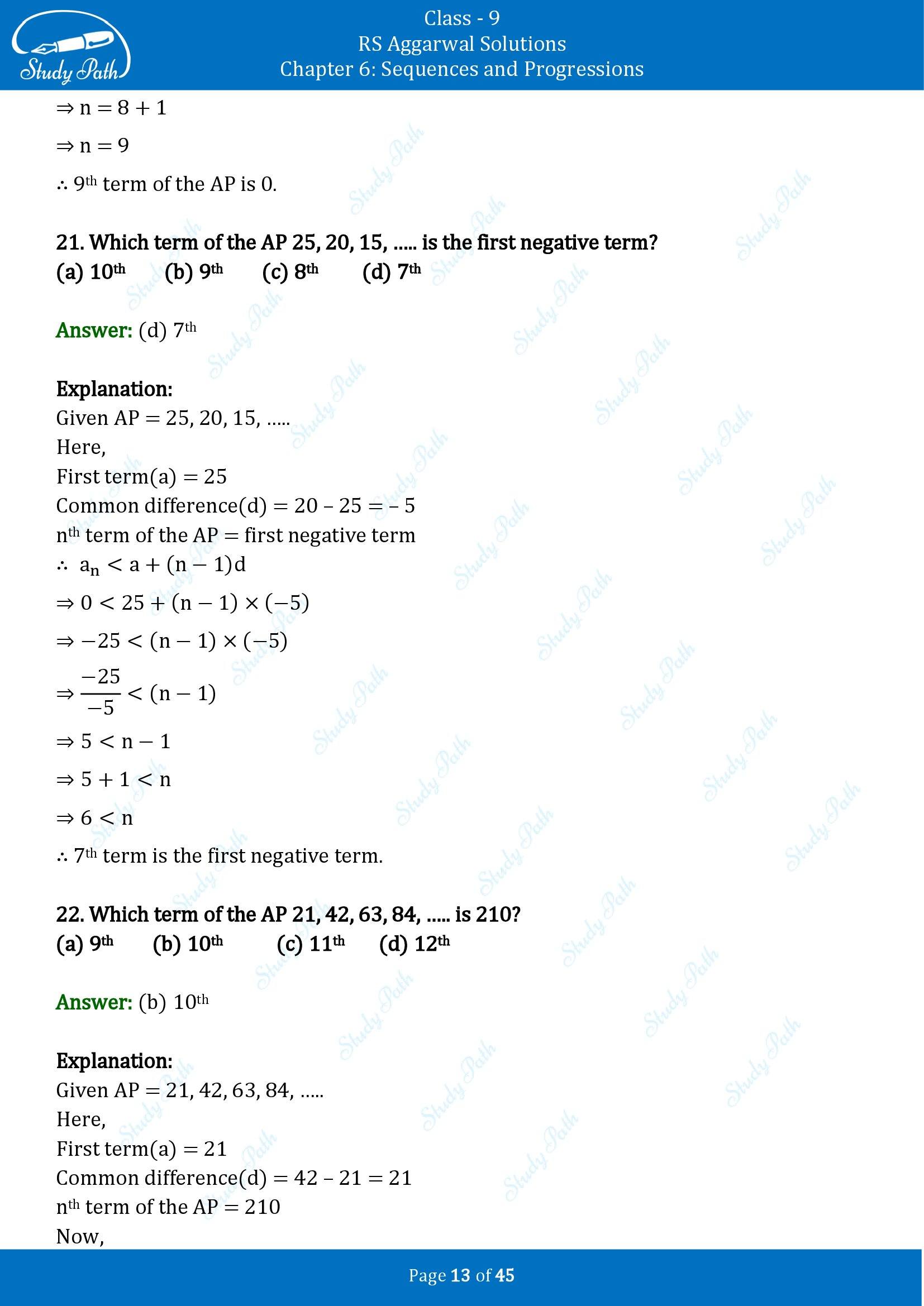 RS Aggarwal Solutions Class 9 Chapter 6 Sequences and Progressions Multiple Choice Questions MCQs 00013