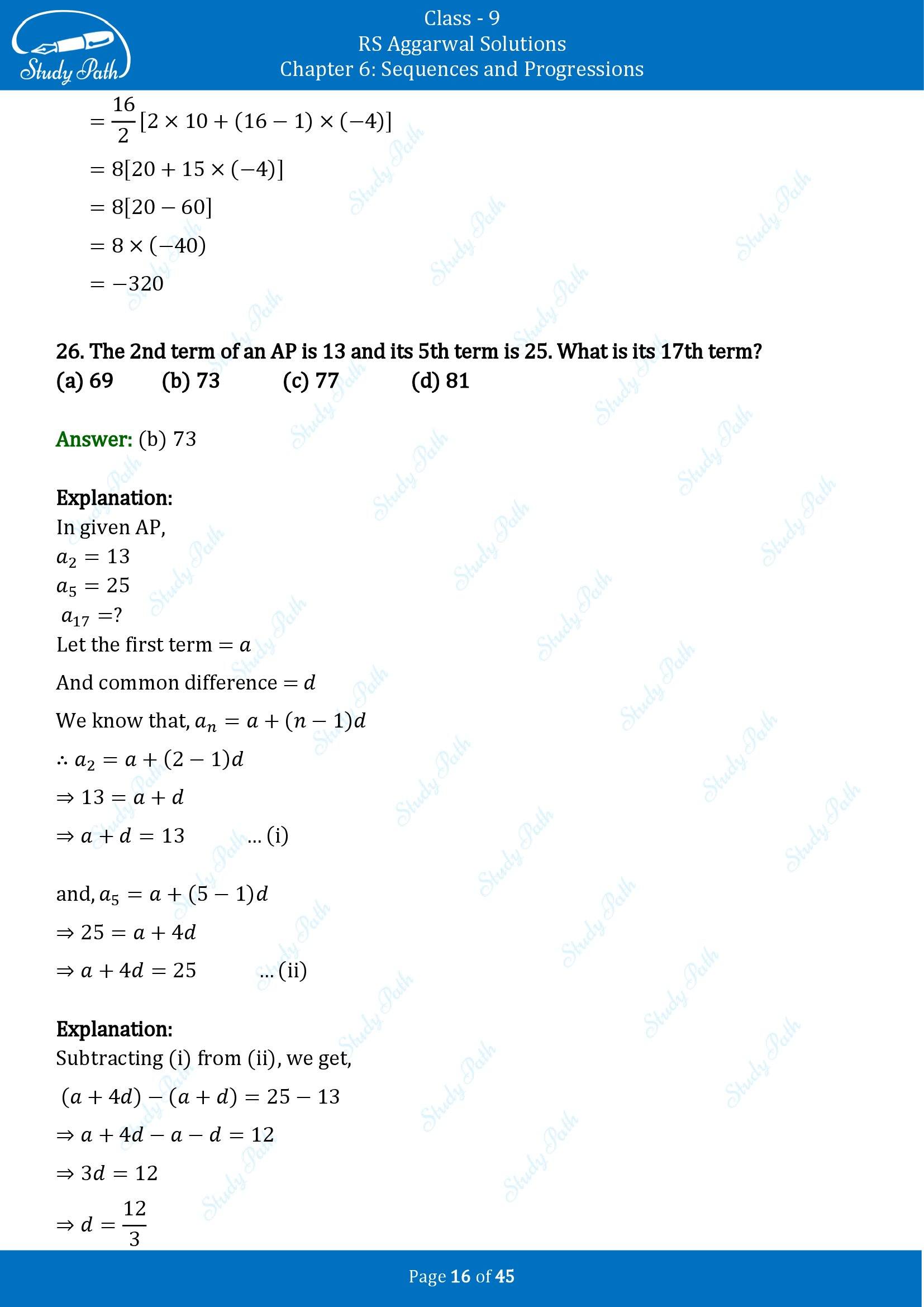 RS Aggarwal Solutions Class 9 Chapter 6 Sequences and Progressions Multiple Choice Questions MCQs 00016