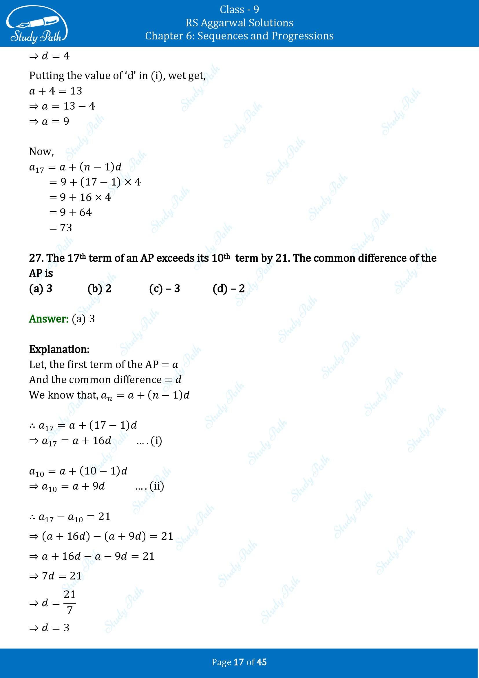 RS Aggarwal Solutions Class 9 Chapter 6 Sequences and Progressions Multiple Choice Questions MCQs 00017