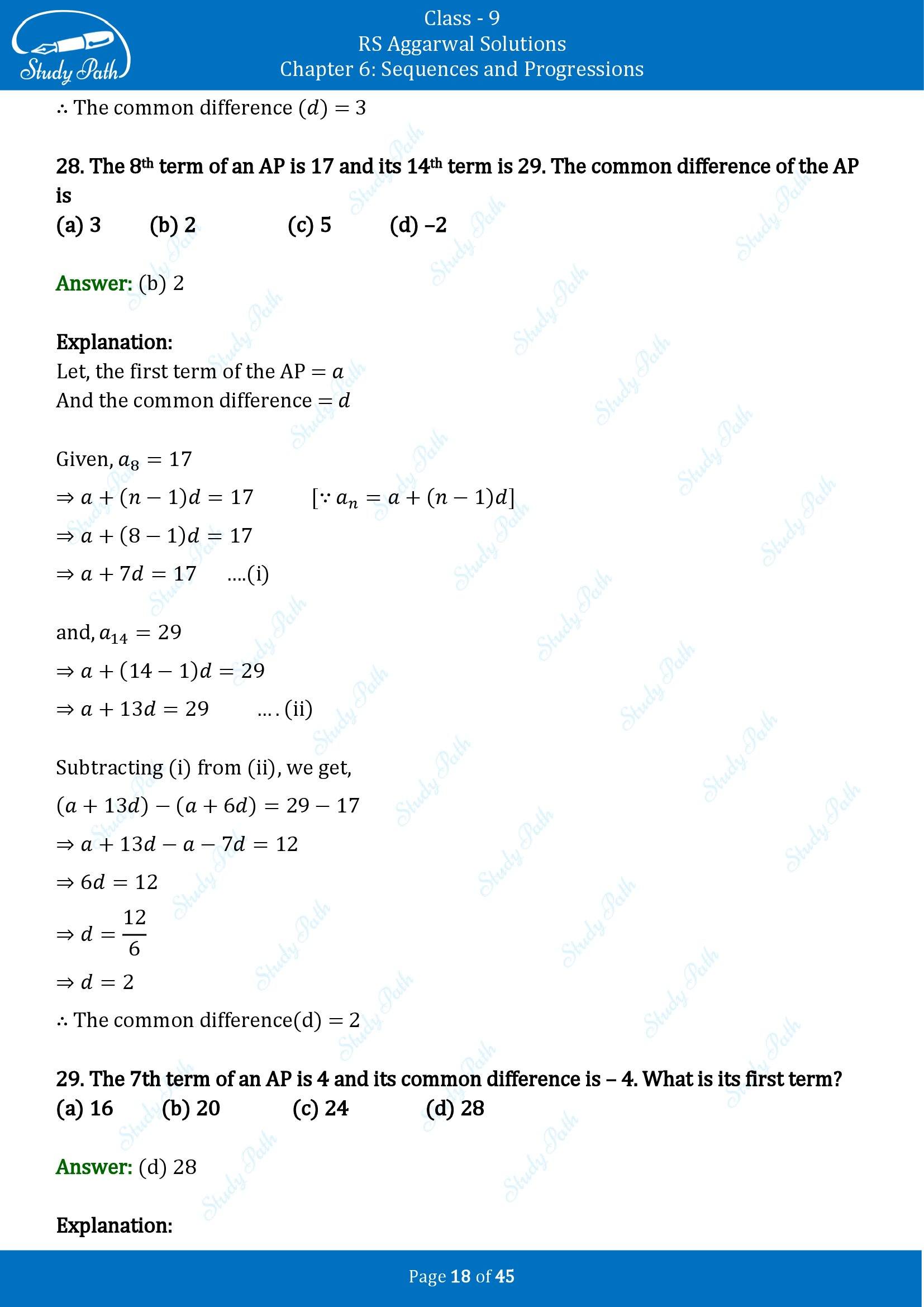 RS Aggarwal Solutions Class 9 Chapter 6 Sequences and Progressions Multiple Choice Questions MCQs 00018