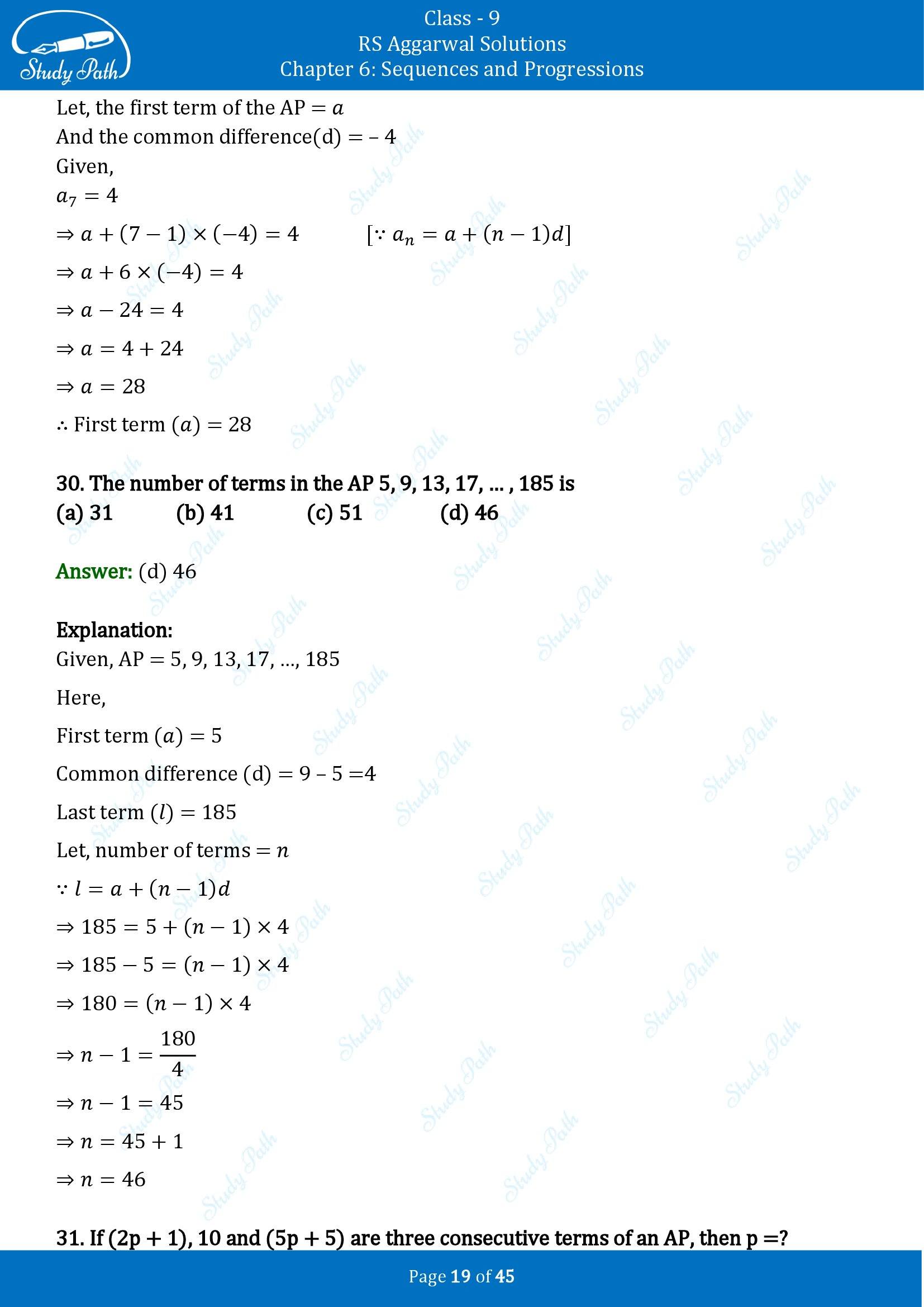 RS Aggarwal Solutions Class 9 Chapter 6 Sequences and Progressions Multiple Choice Questions MCQs 00019