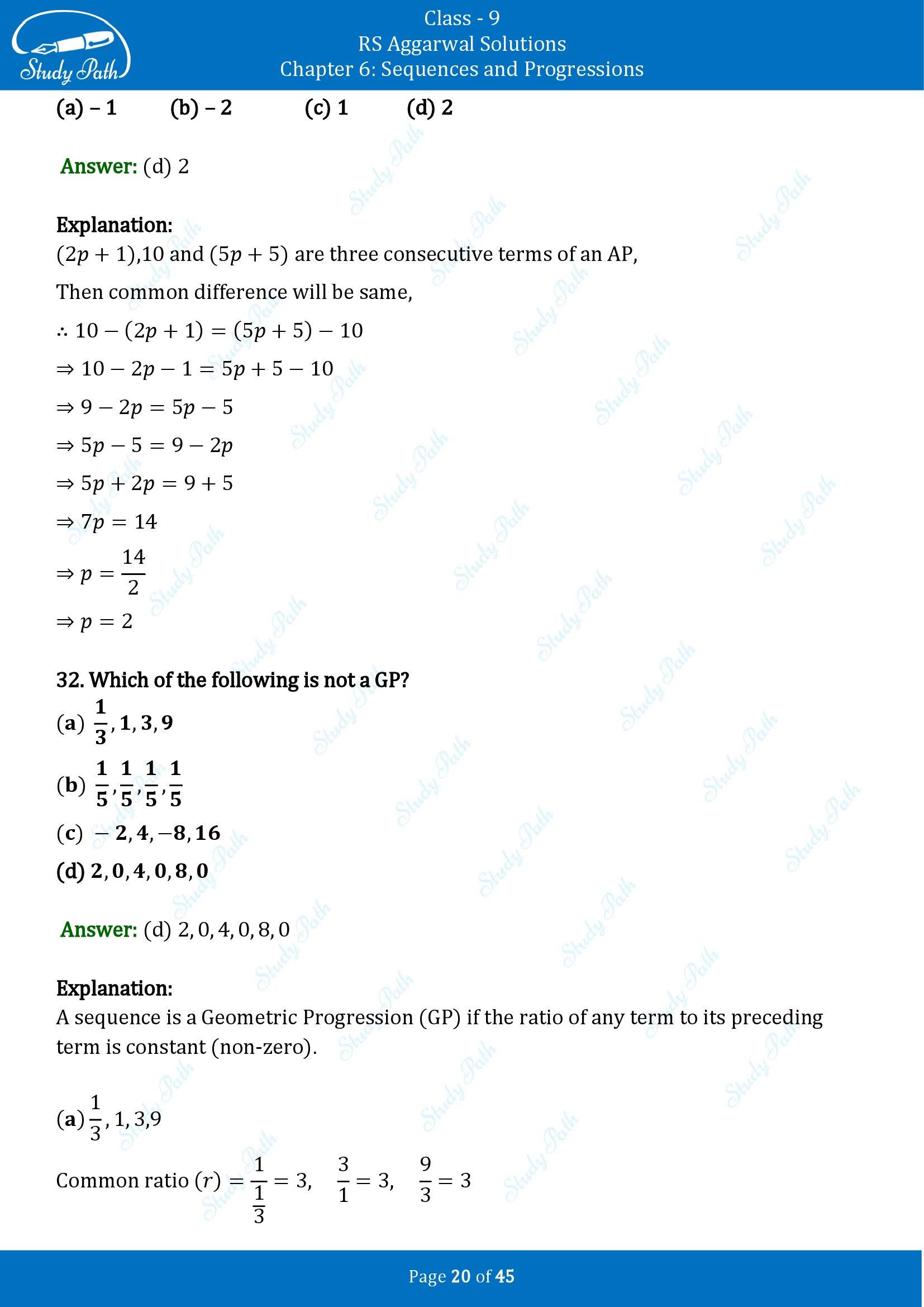 RS Aggarwal Solutions Class 9 Chapter 6 Sequences and Progressions Multiple Choice Questions MCQs 00020