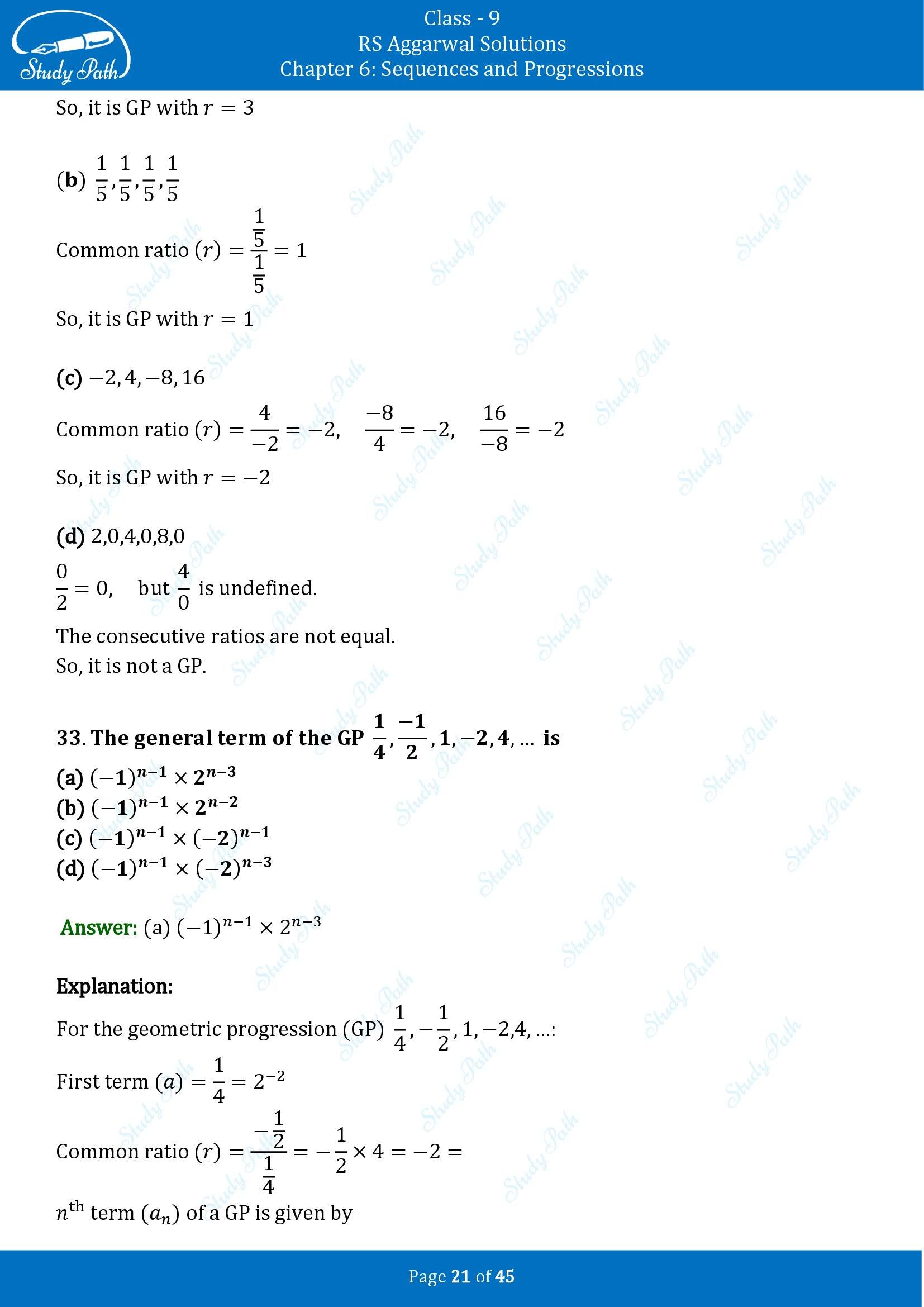 RS Aggarwal Solutions Class 9 Chapter 6 Sequences and Progressions Multiple Choice Questions MCQs 00021