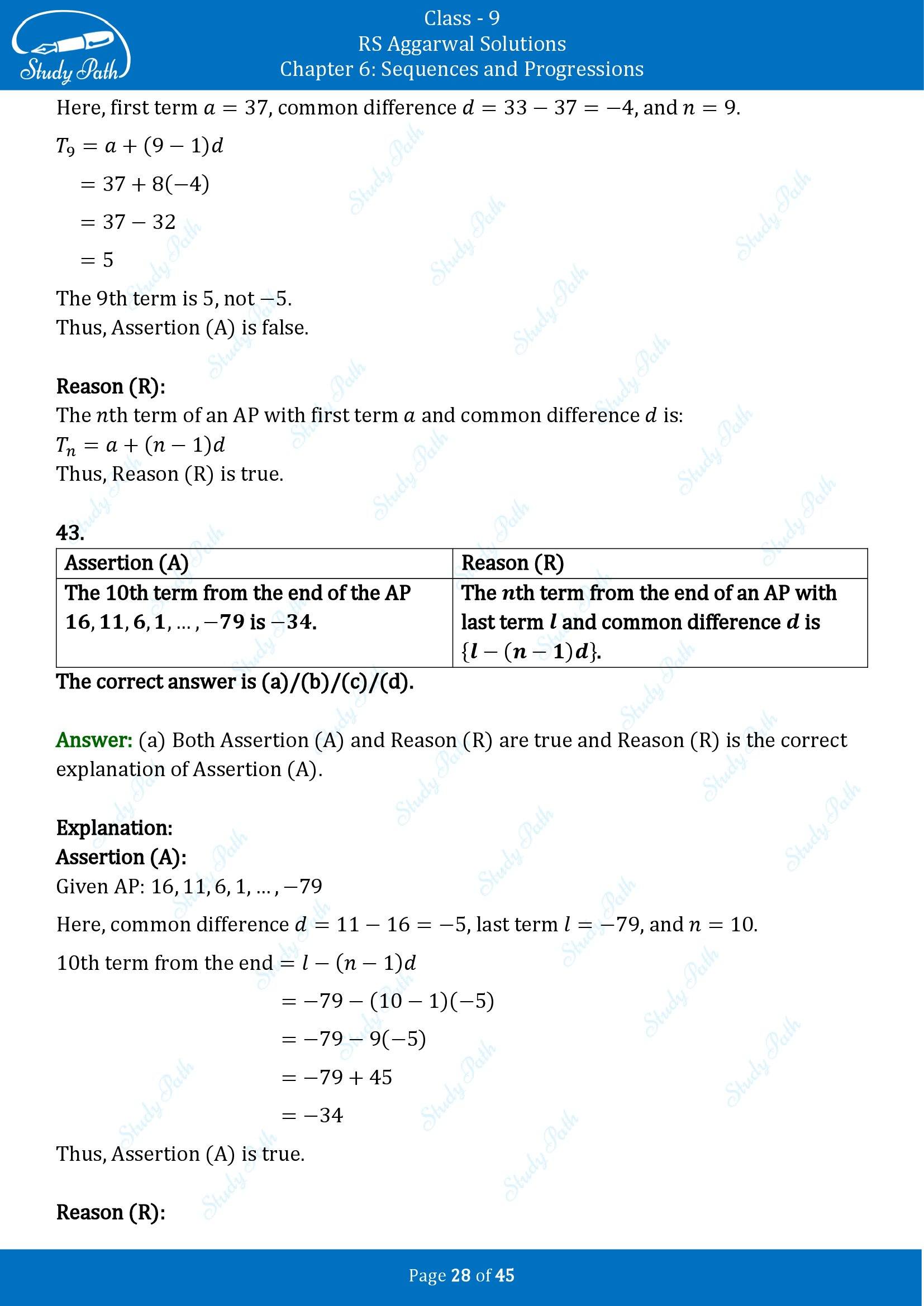 RS Aggarwal Solutions Class 9 Chapter 6 Sequences and Progressions Multiple Choice Questions MCQs 00028