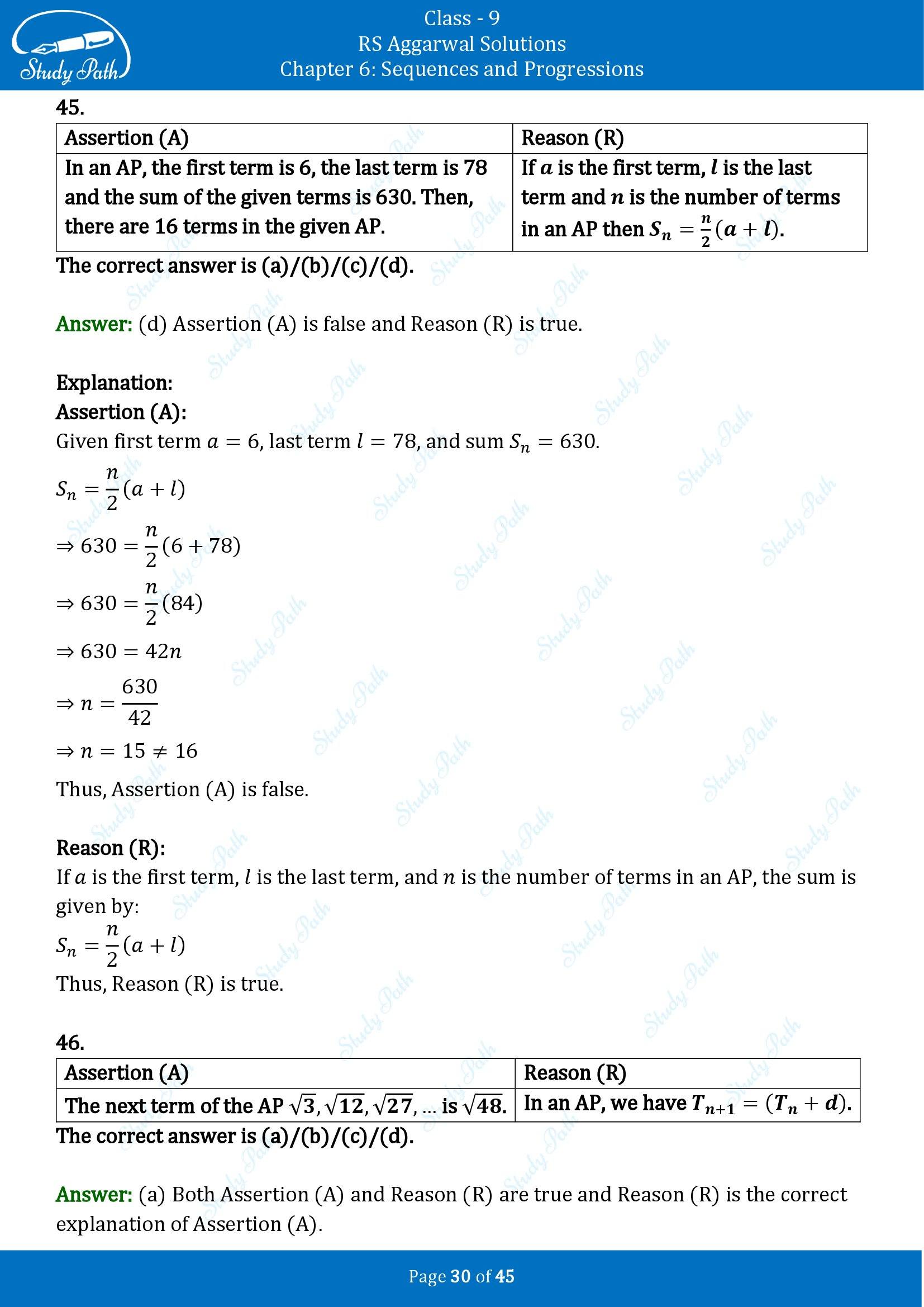 RS Aggarwal Solutions Class 9 Chapter 6 Sequences and Progressions Multiple Choice Questions MCQs 00030