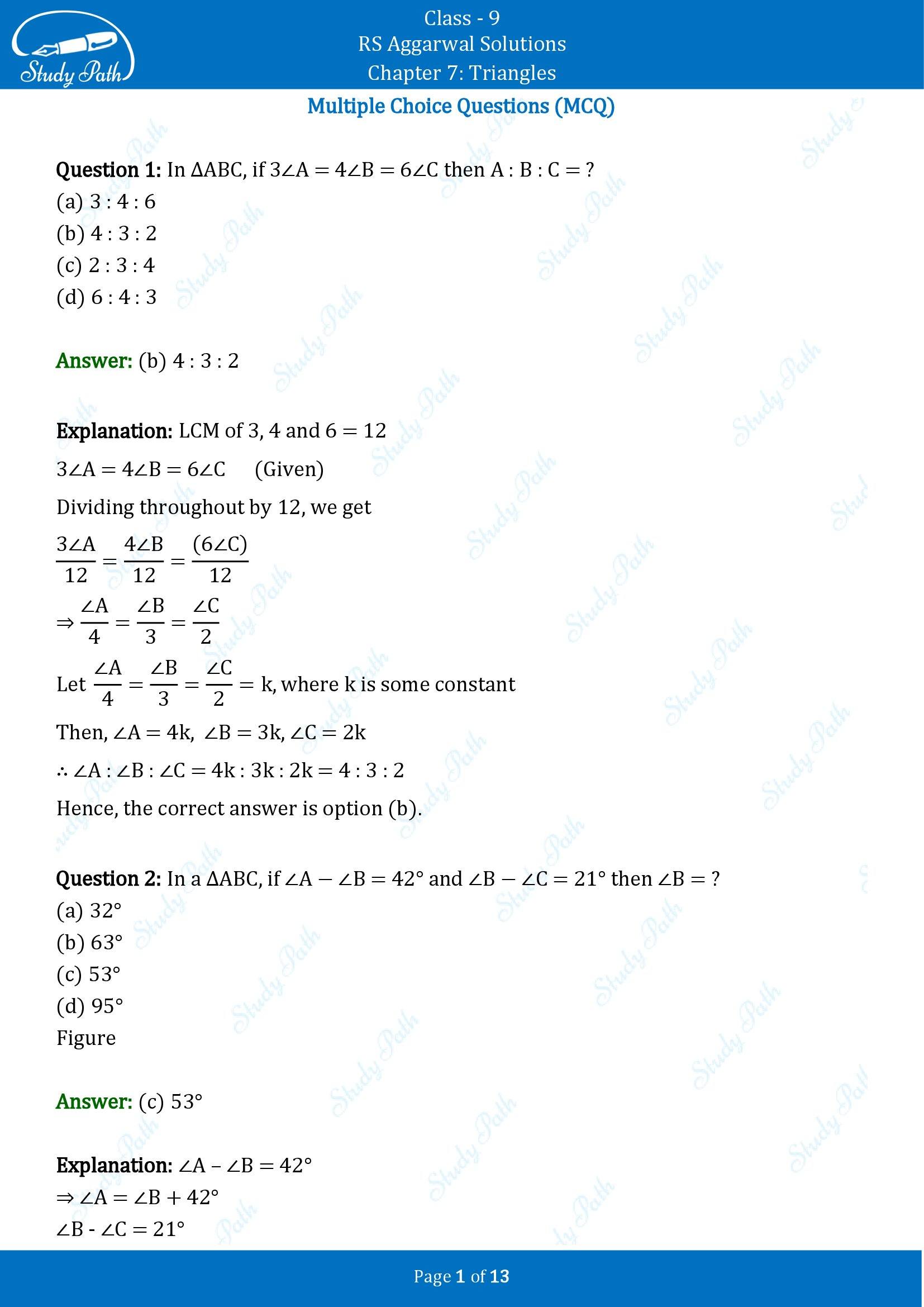 RS Aggarwal Solutions Class 9 Chapter 7 Triangles Multiple Choice Questions MCQs 00001