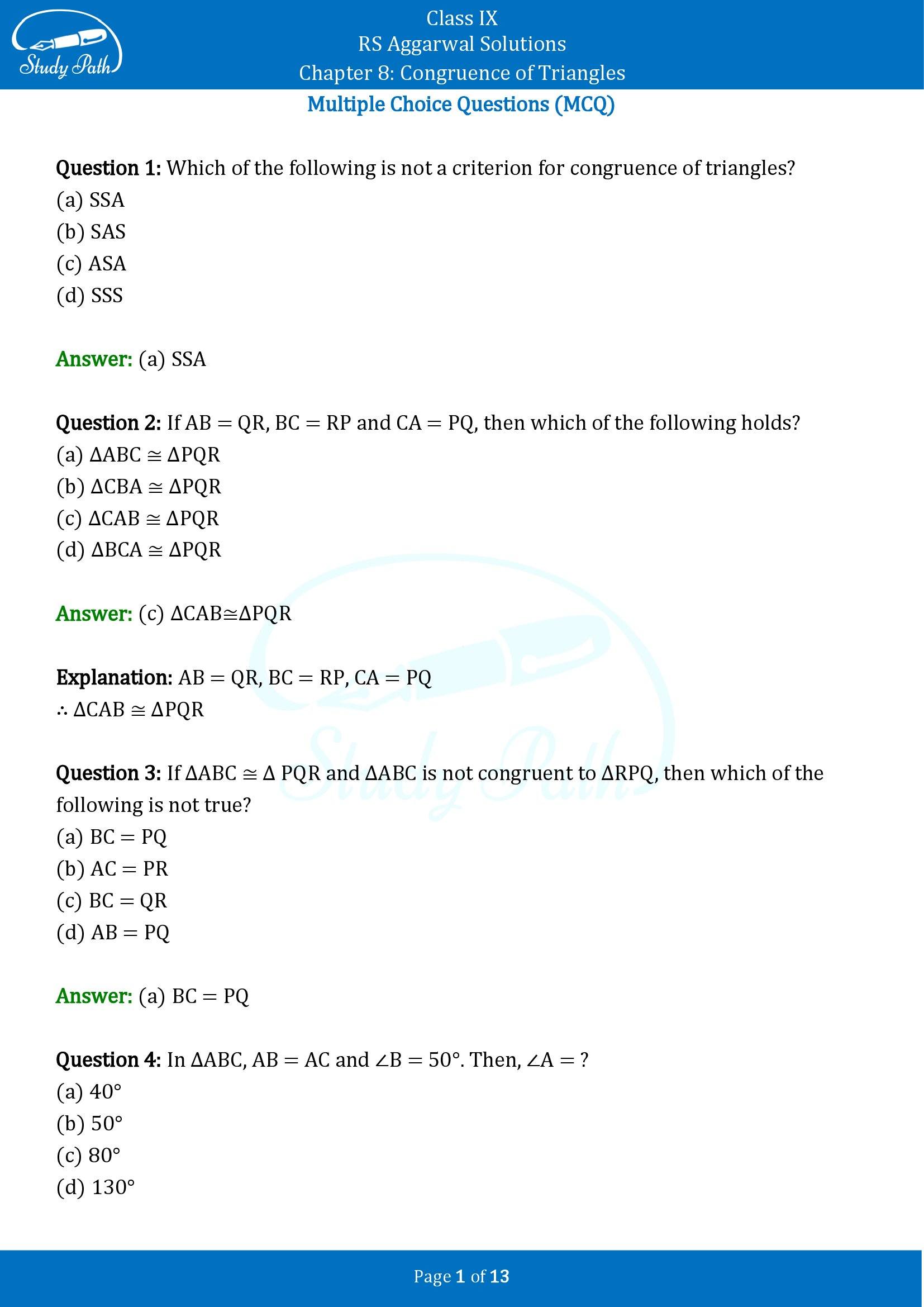 RS Aggarwal Solutions Class 9 Chapter 8 Congruence of Triangles Multiple Choice Questions MCQs 00001