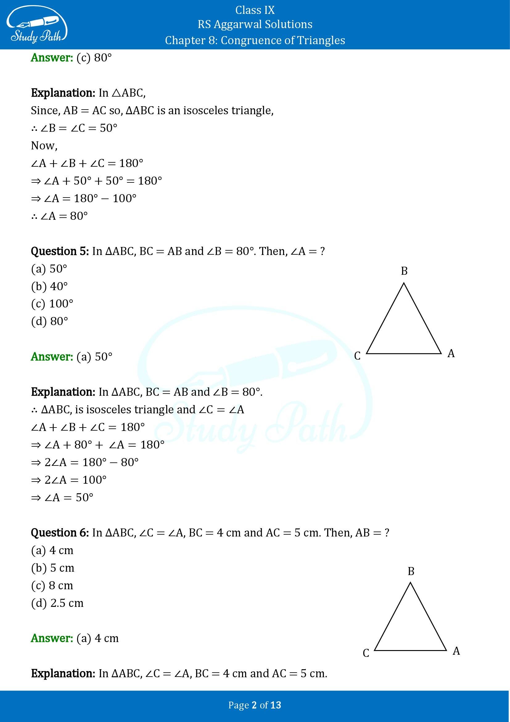 RS Aggarwal Solutions Class 9 Chapter 8 Congruence of Triangles Multiple Choice Questions MCQs 00002