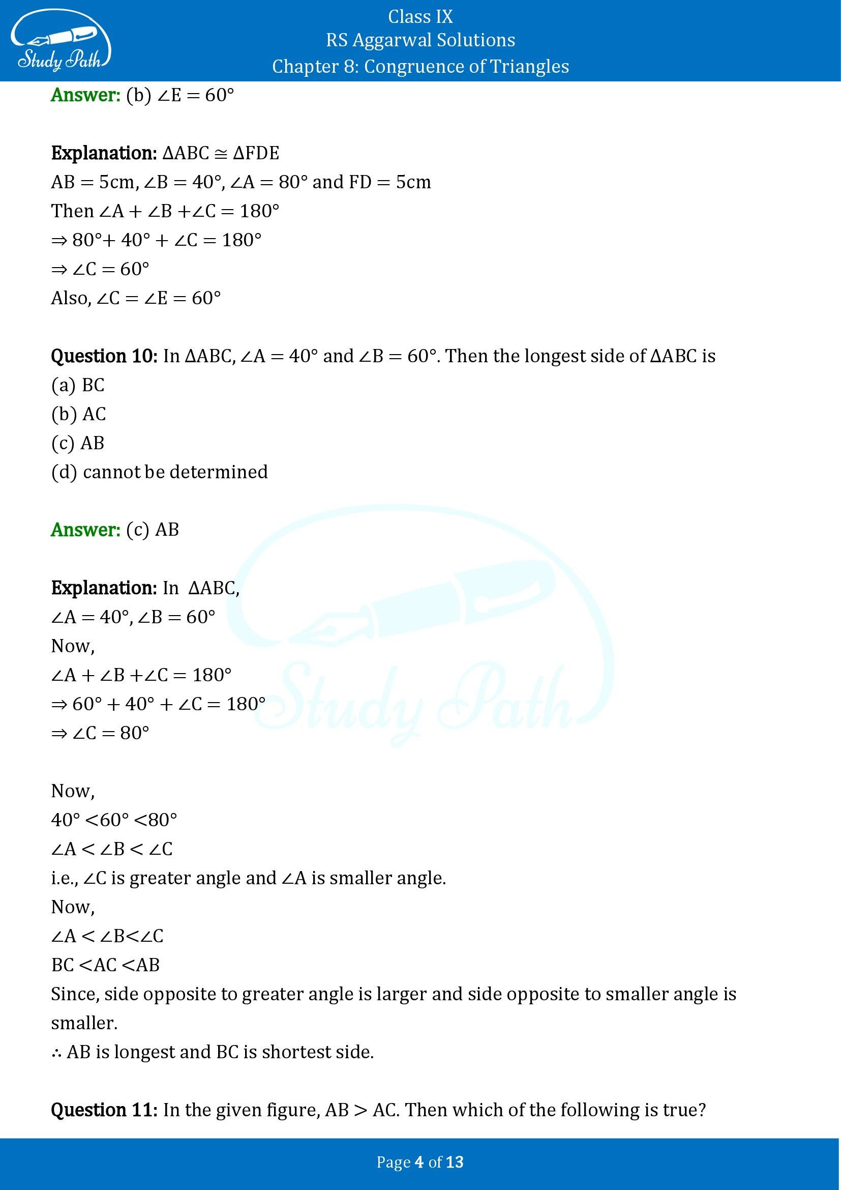 RS Aggarwal Solutions Class 9 Chapter 8 Congruence of Triangles Multiple Choice Questions MCQs 00004