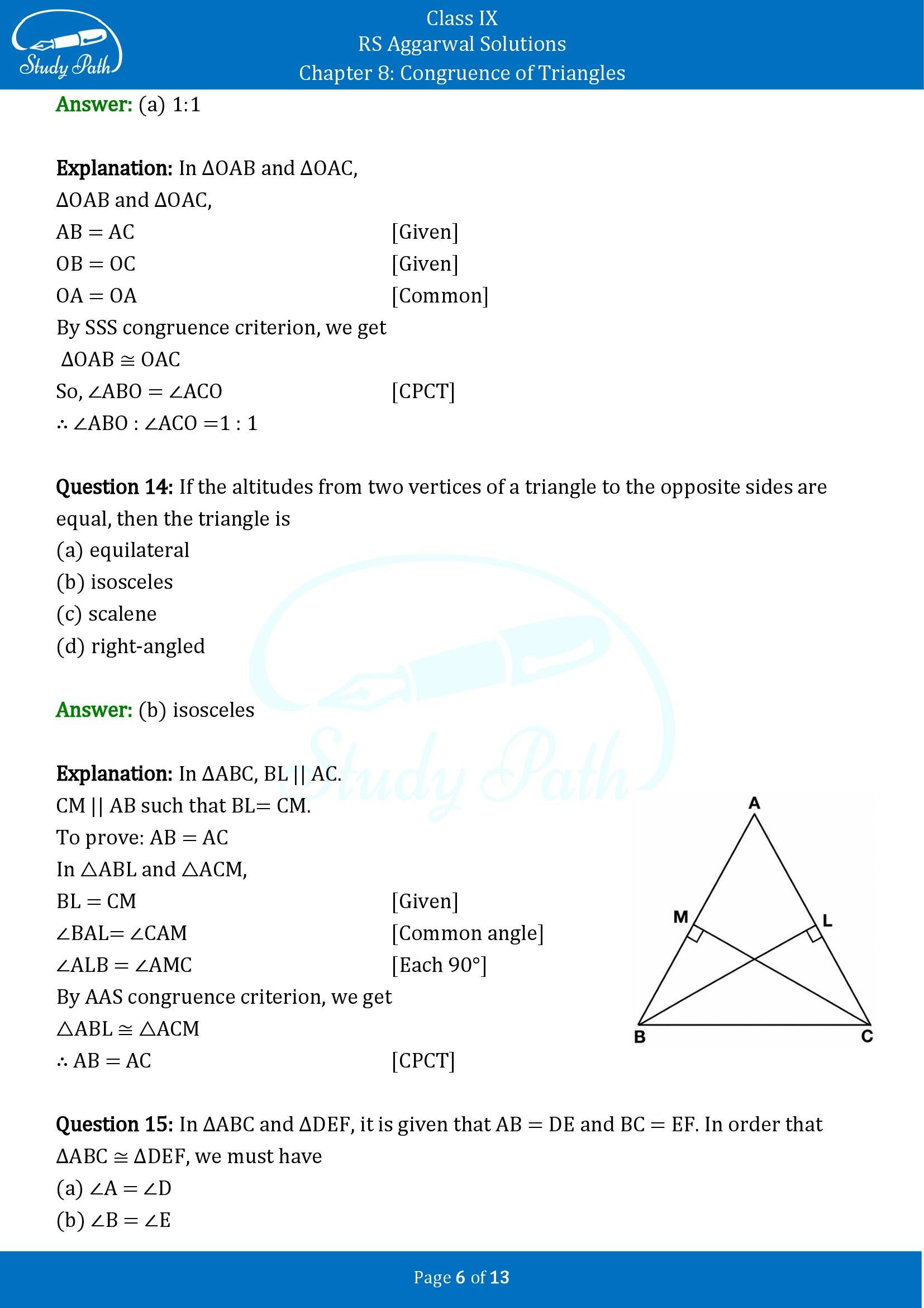 RS Aggarwal Solutions Class 9 Chapter 8 Congruence of Triangles Multiple Choice Questions MCQs 00006