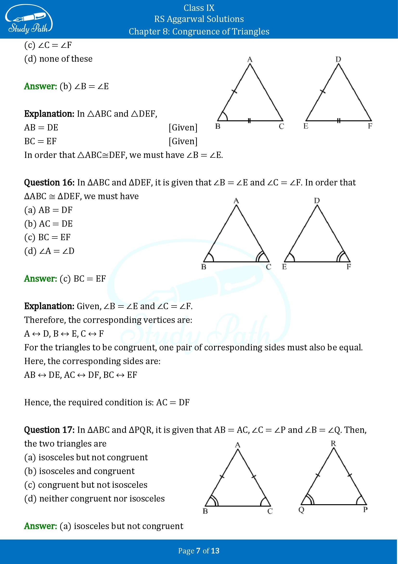 RS Aggarwal Solutions Class 9 Chapter 8 Congruence of Triangles Multiple Choice Questions MCQs 00007