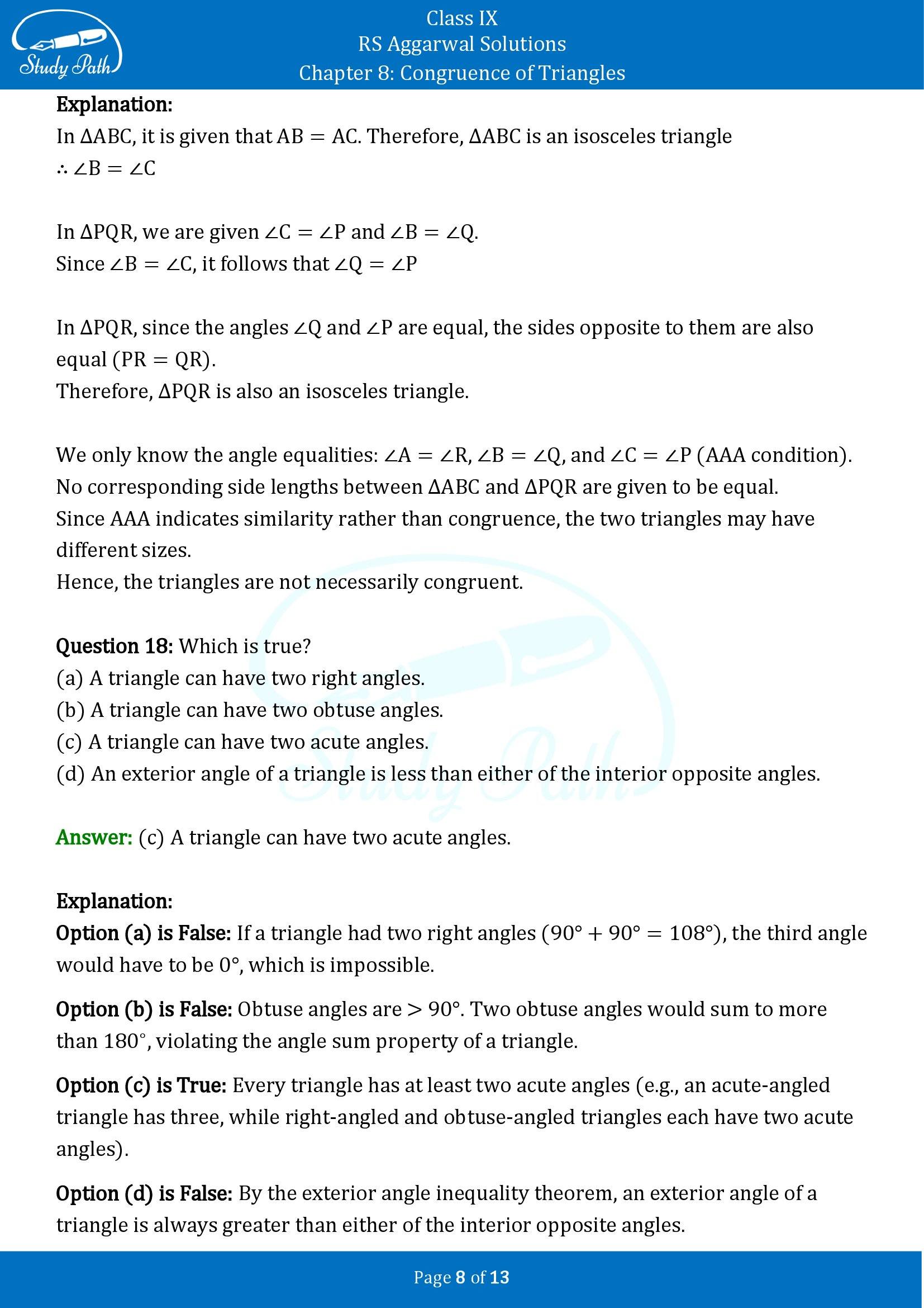 RS Aggarwal Solutions Class 9 Chapter 8 Congruence of Triangles Multiple Choice Questions MCQs 00008