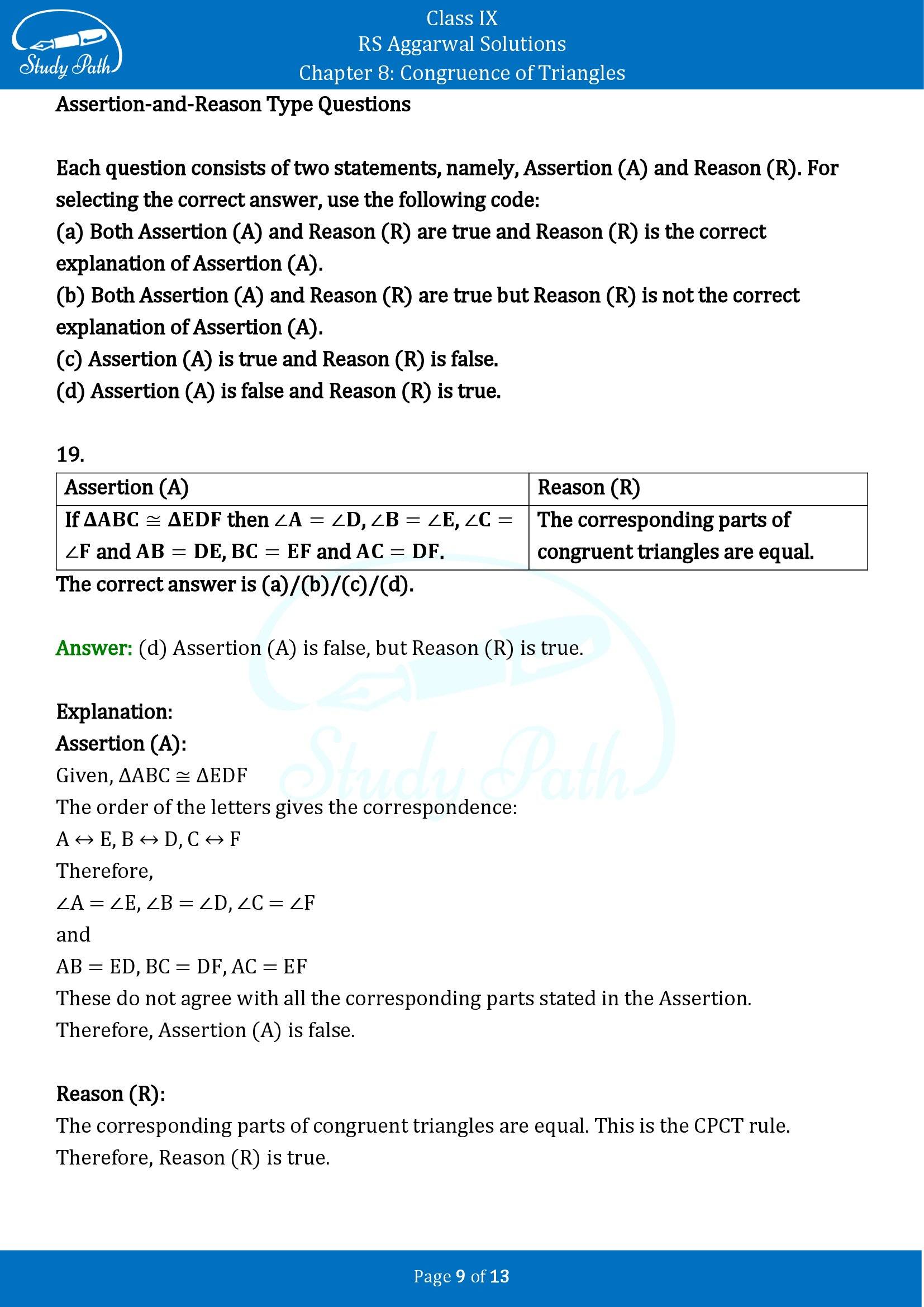 RS Aggarwal Solutions Class 9 Chapter 8 Congruence of Triangles Multiple Choice Questions MCQs 00009
