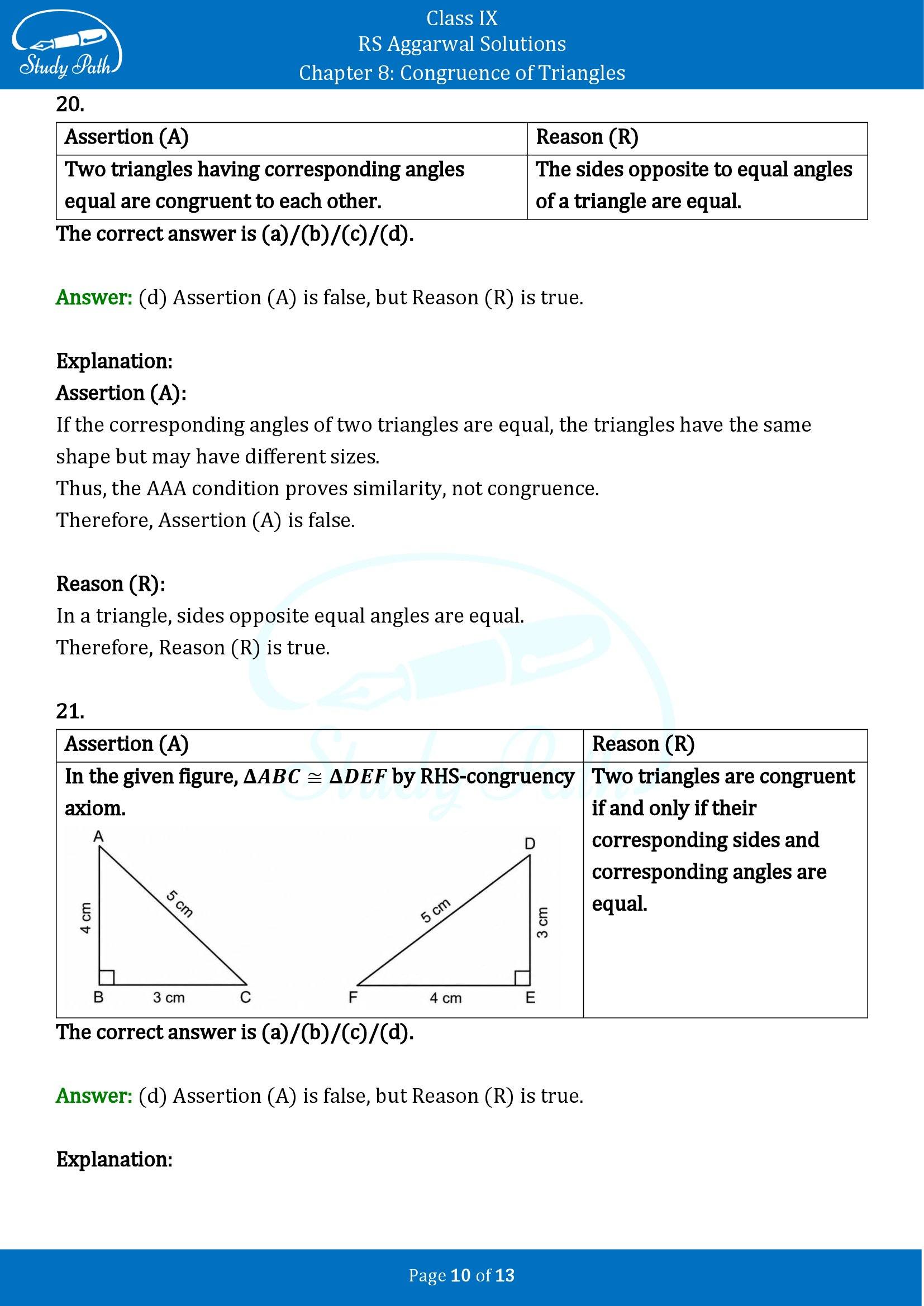 RS Aggarwal Solutions Class 9 Chapter 8 Congruence of Triangles Multiple Choice Questions MCQs 00010