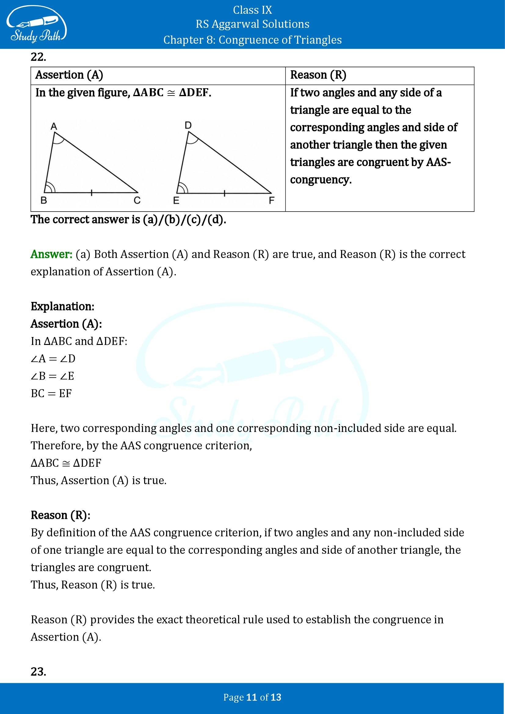 RS Aggarwal Solutions Class 9 Chapter 8 Congruence of Triangles Multiple Choice Questions MCQs 00011