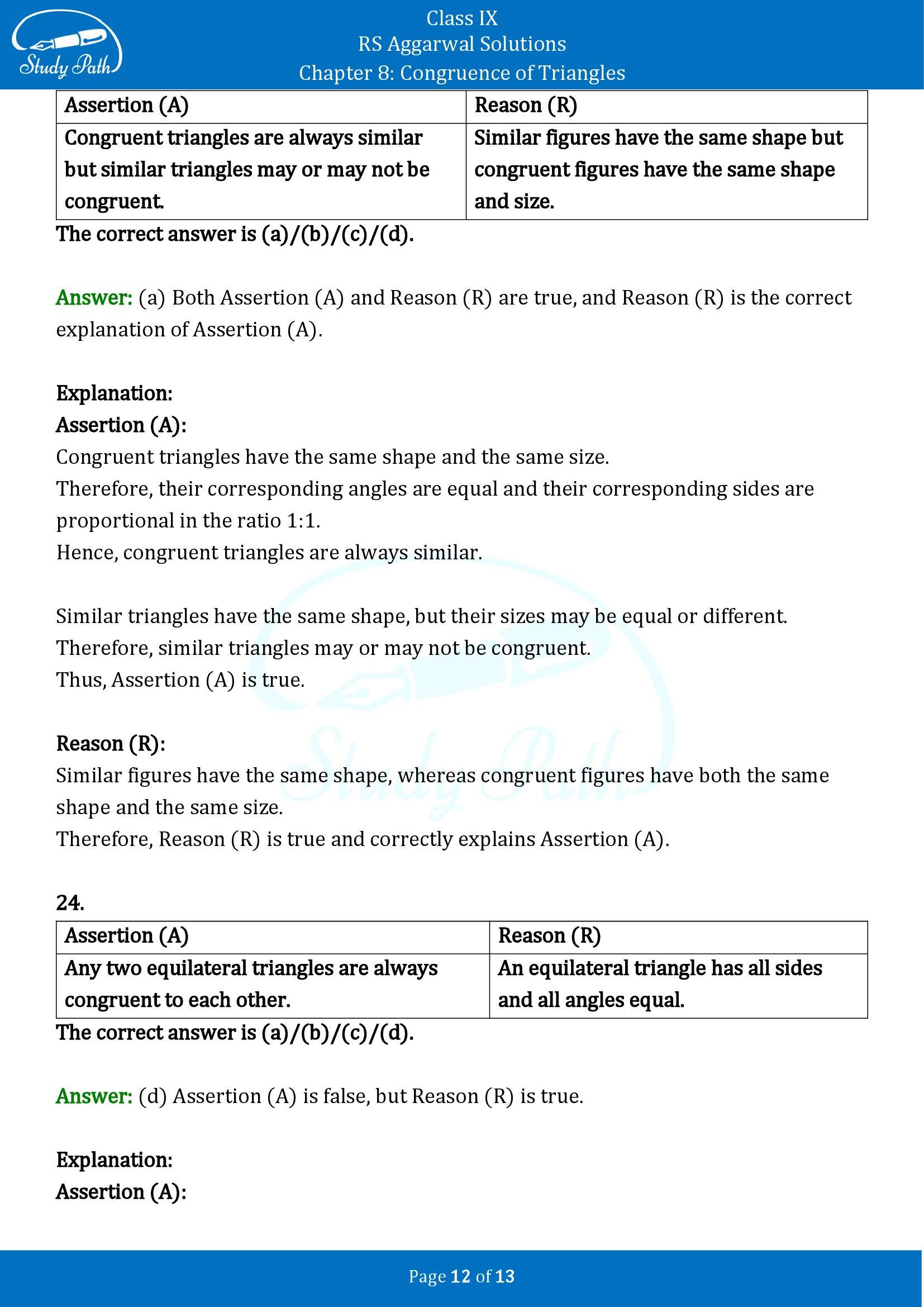 RS Aggarwal Solutions Class 9 Chapter 8 Congruence of Triangles Multiple Choice Questions MCQs 00012