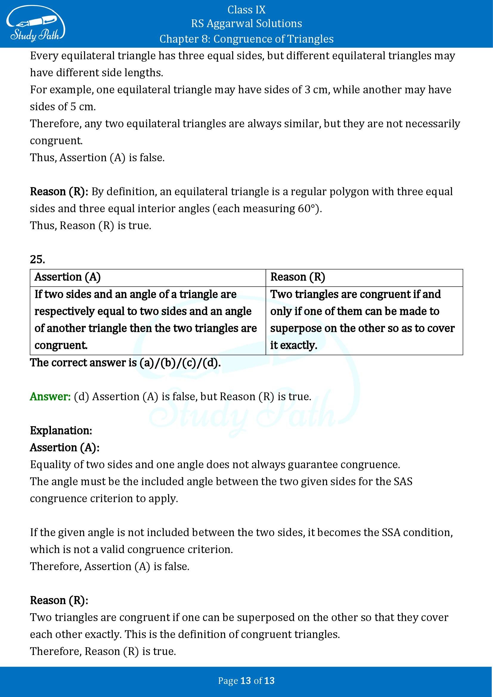 RS Aggarwal Solutions Class 9 Chapter 8 Congruence of Triangles Multiple Choice Questions MCQs 00013