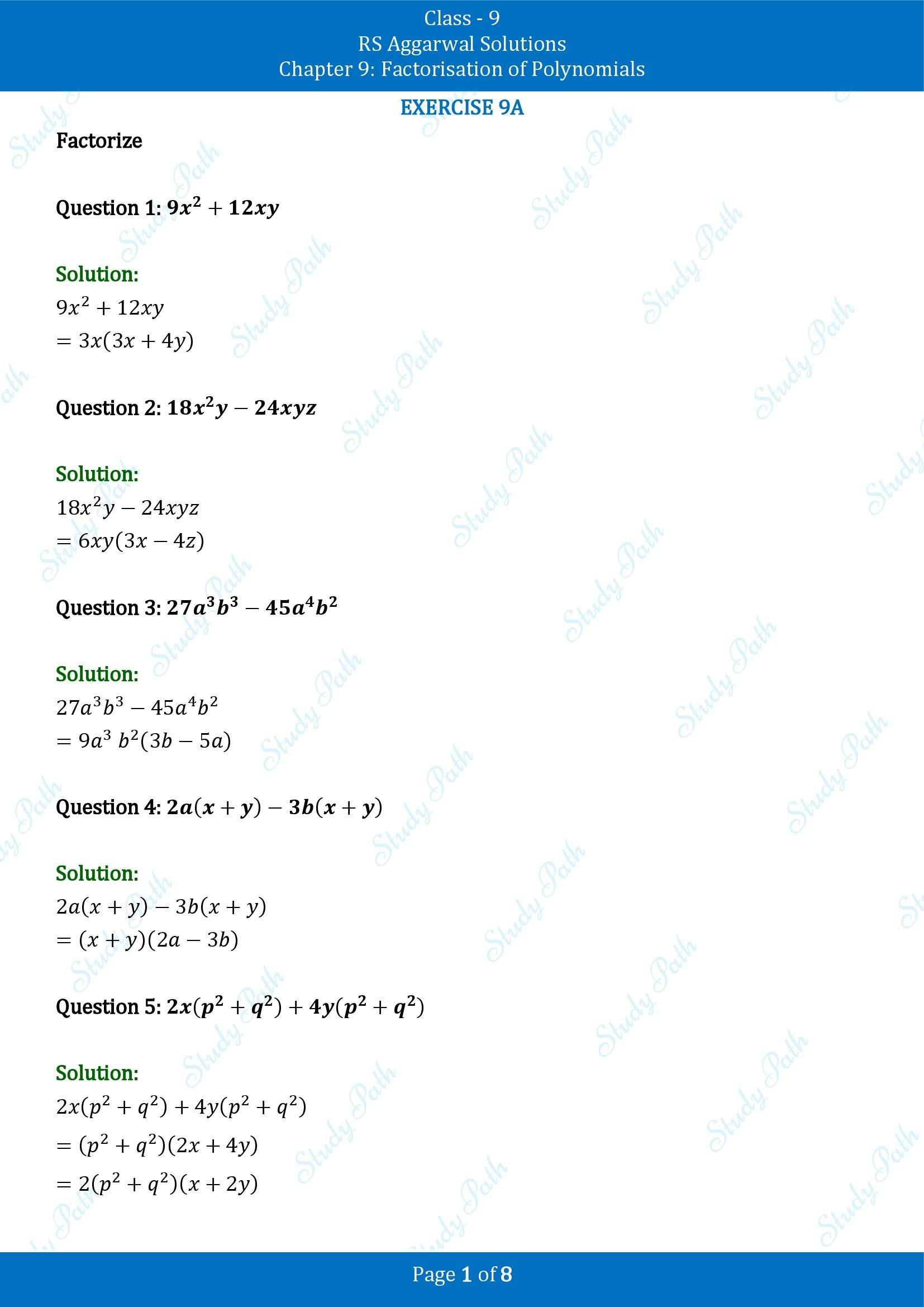 RS Aggarwal Solutions Class 9 Chapter 9 Factorisation of Polynomials Exercise 9A 00001