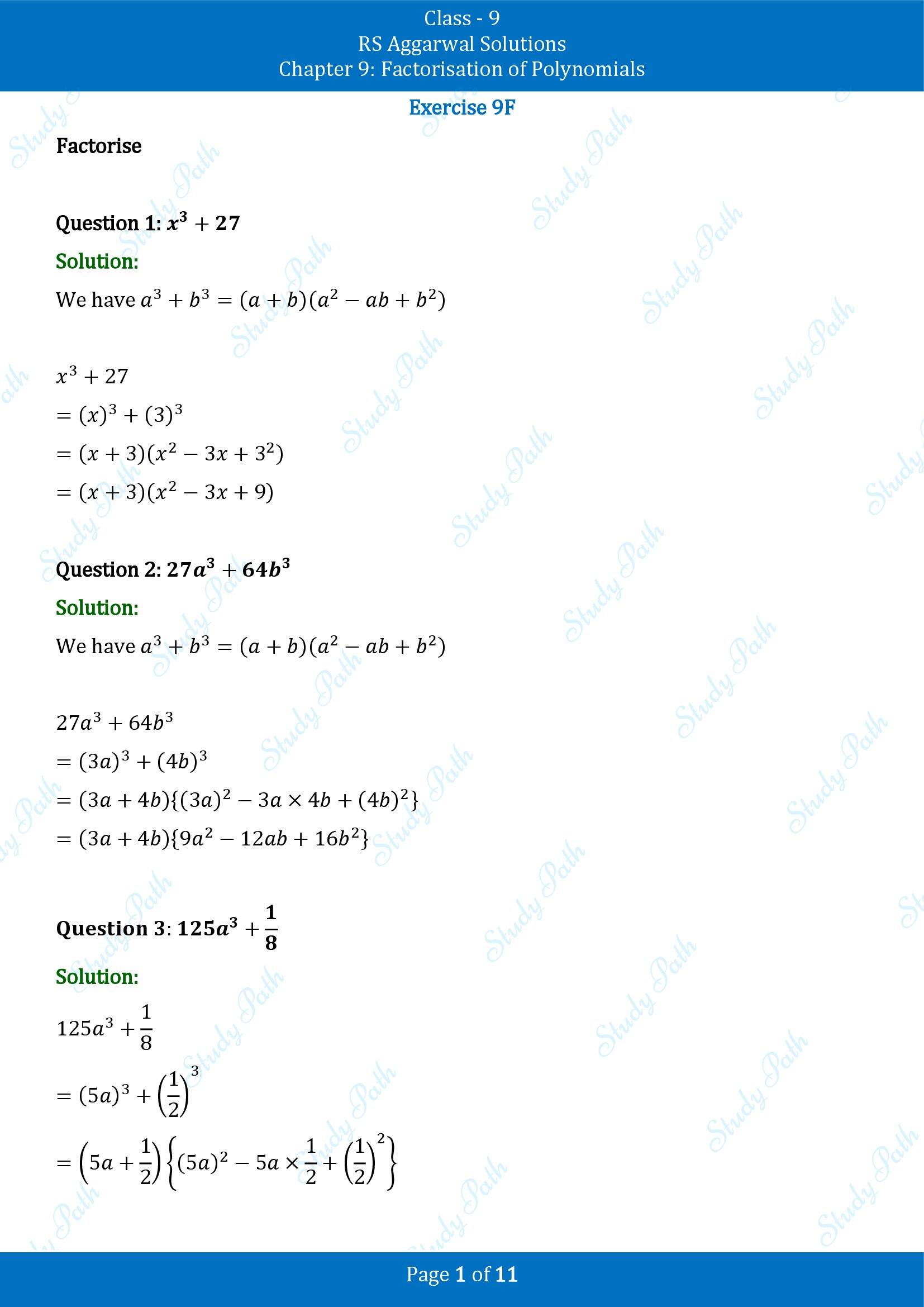 RS Aggarwal Solutions Class 9 Chapter 9 Factorisation of Polynomials Exercise 9F 00001
