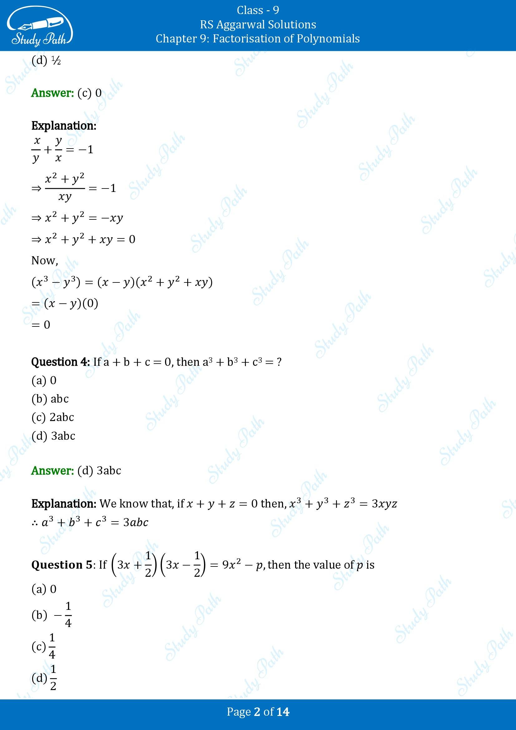 RS Aggarwal Solutions Class 9 Chapter 9 Factorisation of Polynomials Multiple Choice Questions MCQs 00002