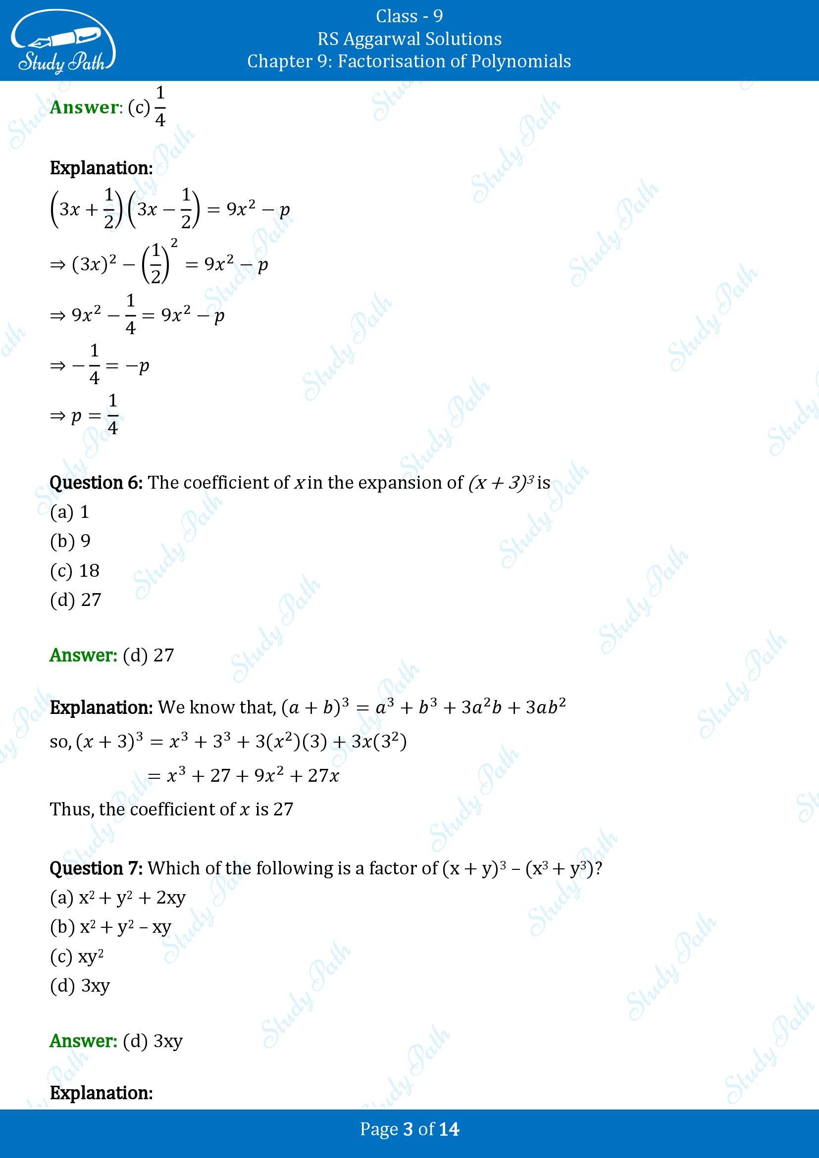 RS Aggarwal Solutions Class 9 Chapter 9 Factorisation of Polynomials Multiple Choice Questions MCQs 00003