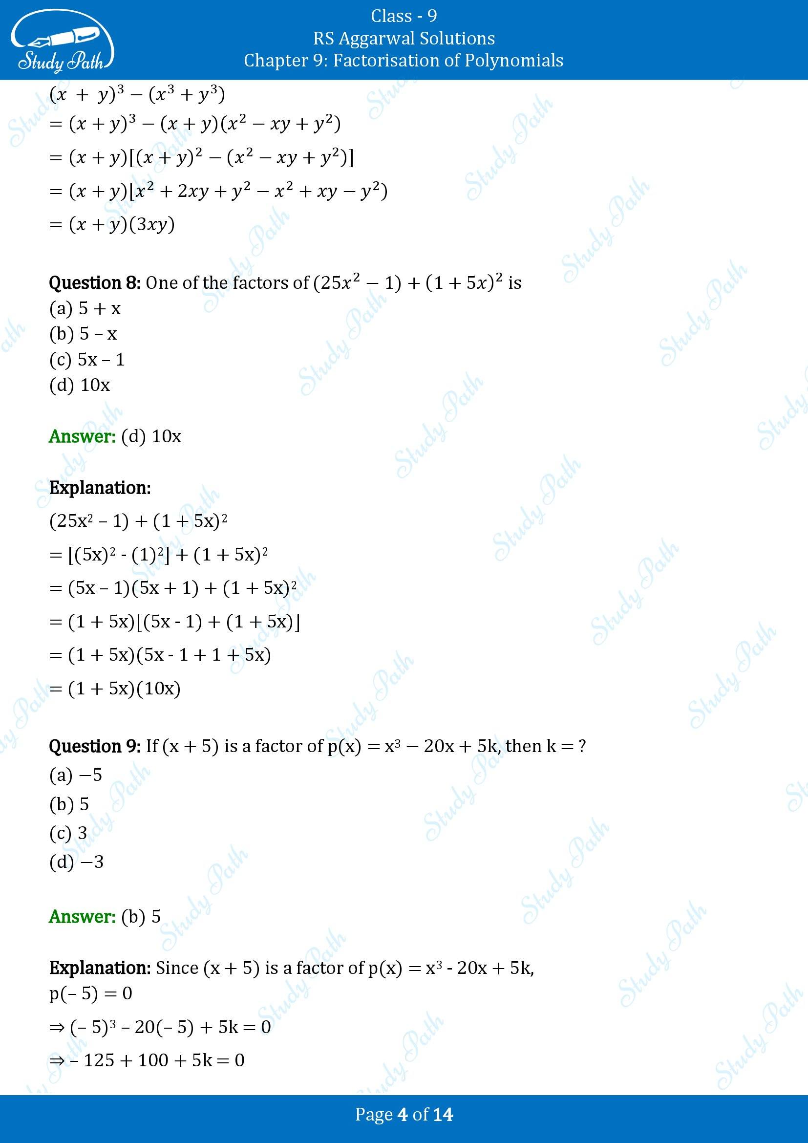 RS Aggarwal Solutions Class 9 Chapter 9 Factorisation of Polynomials Multiple Choice Questions MCQs 00004