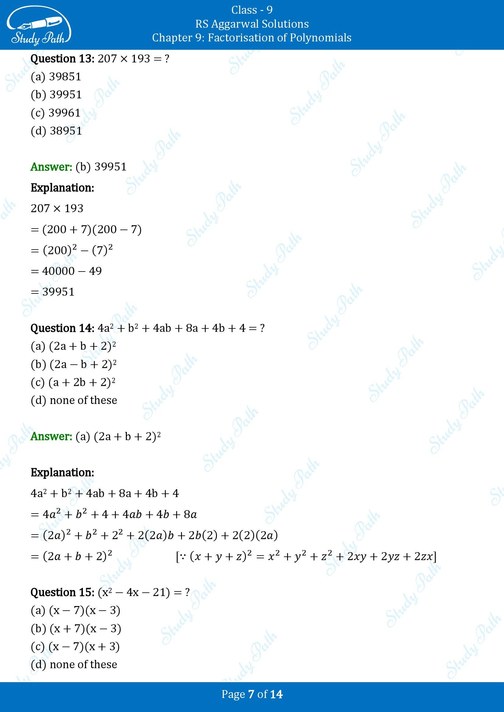 RS Aggarwal Solutions Class 9 Chapter 9 Factorisation of Polynomials Multiple Choice Questions MCQs 00007