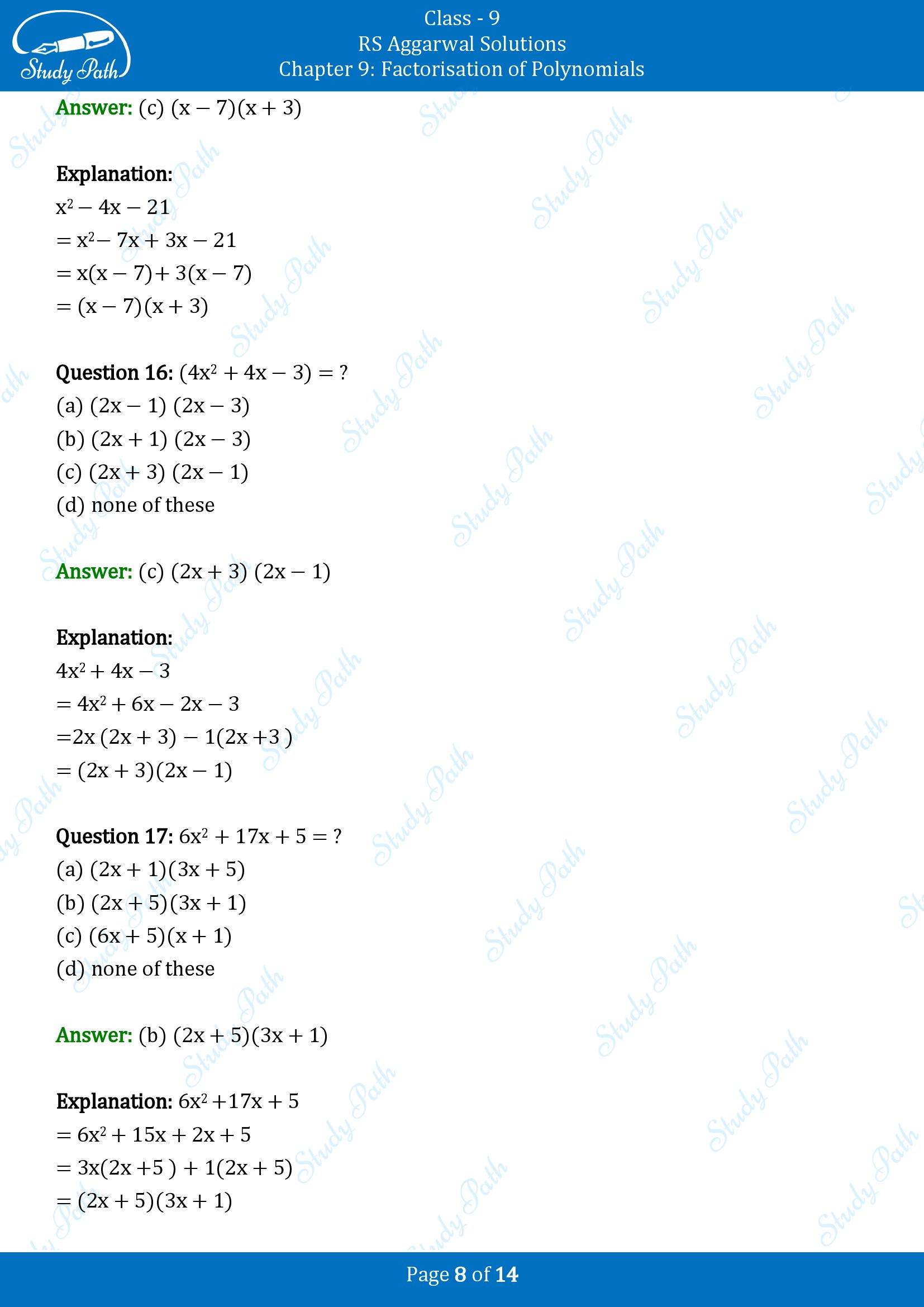 RS Aggarwal Solutions Class 9 Chapter 9 Factorisation of Polynomials Multiple Choice Questions MCQs 00008