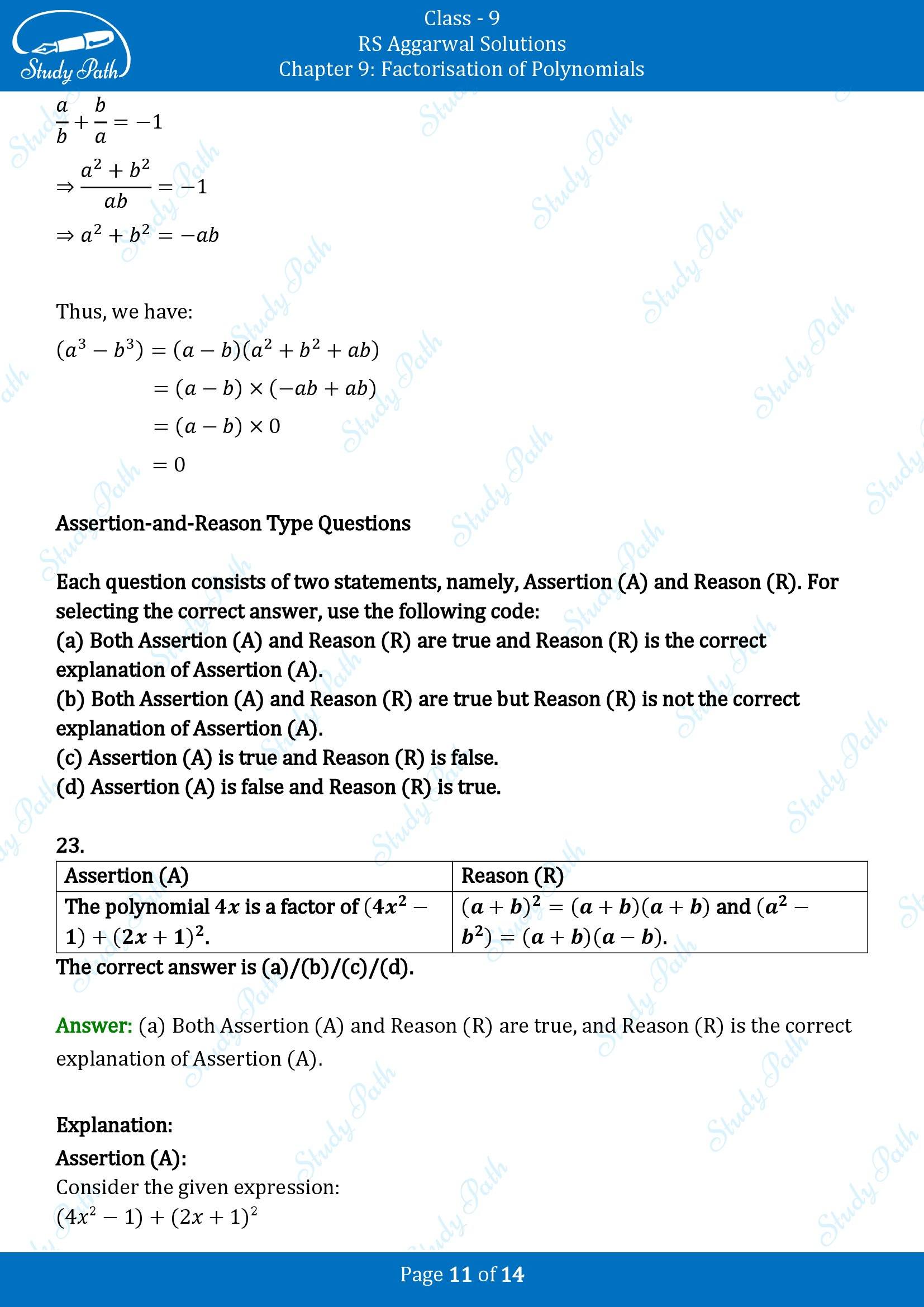 RS Aggarwal Solutions Class 9 Chapter 9 Factorisation of Polynomials Multiple Choice Questions MCQs 00011