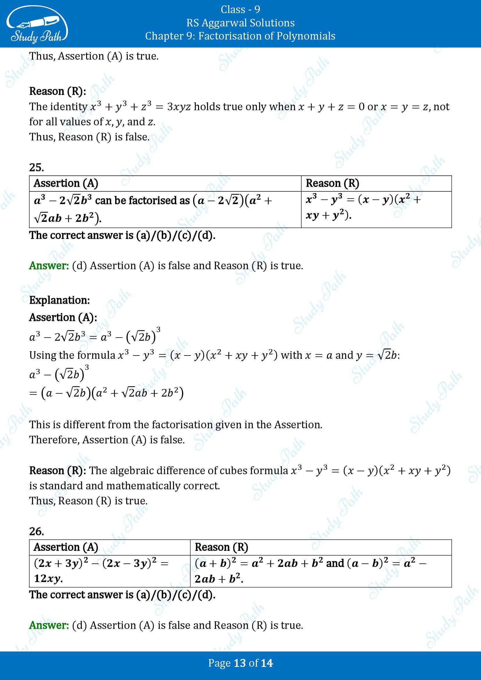 RS Aggarwal Solutions Class 9 Chapter 9 Factorisation of Polynomials Multiple Choice Questions MCQs 00013