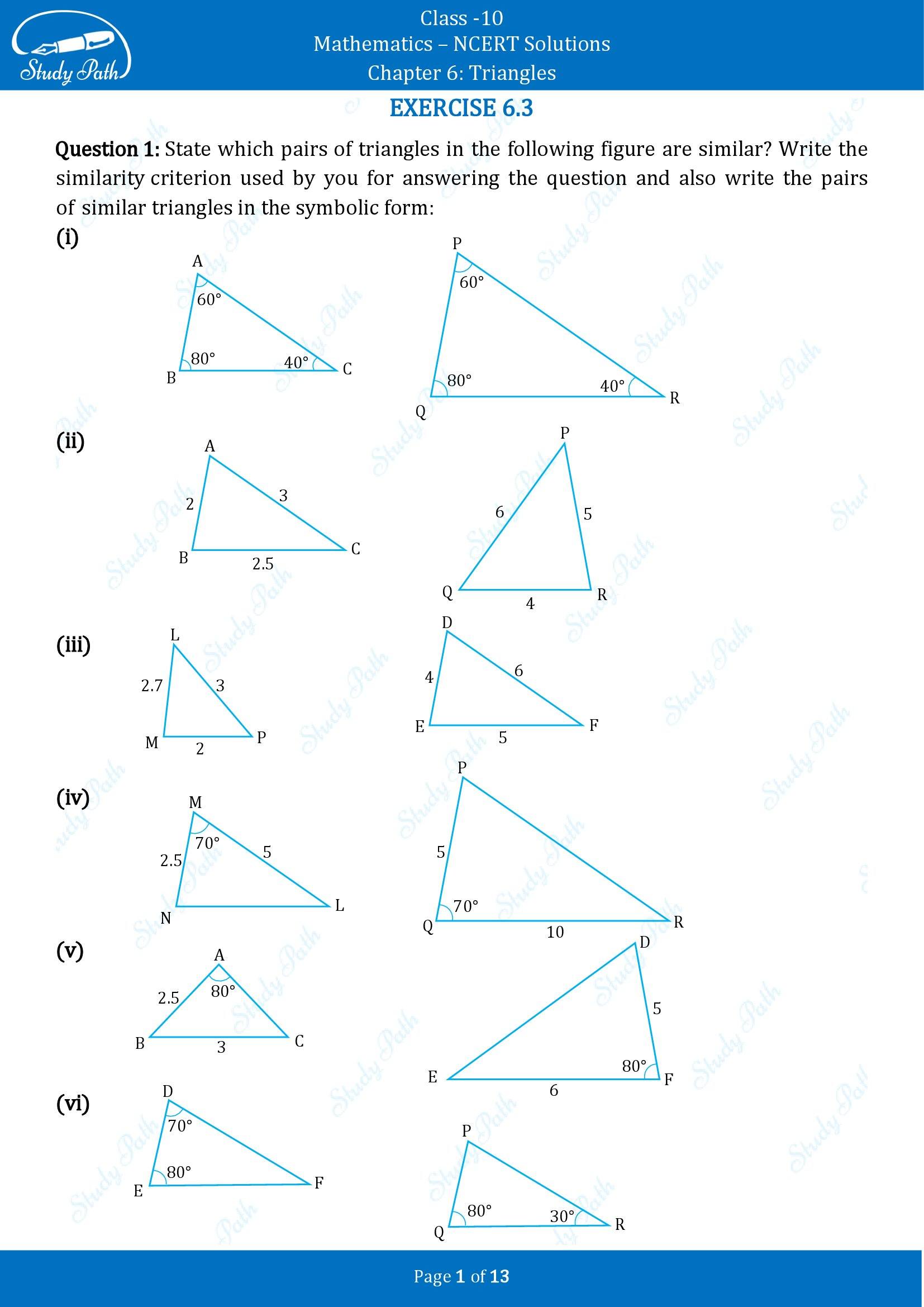NCERT Solutions for Class 10 Maths Chapter 6 Triangles Exercise 6.3 00001